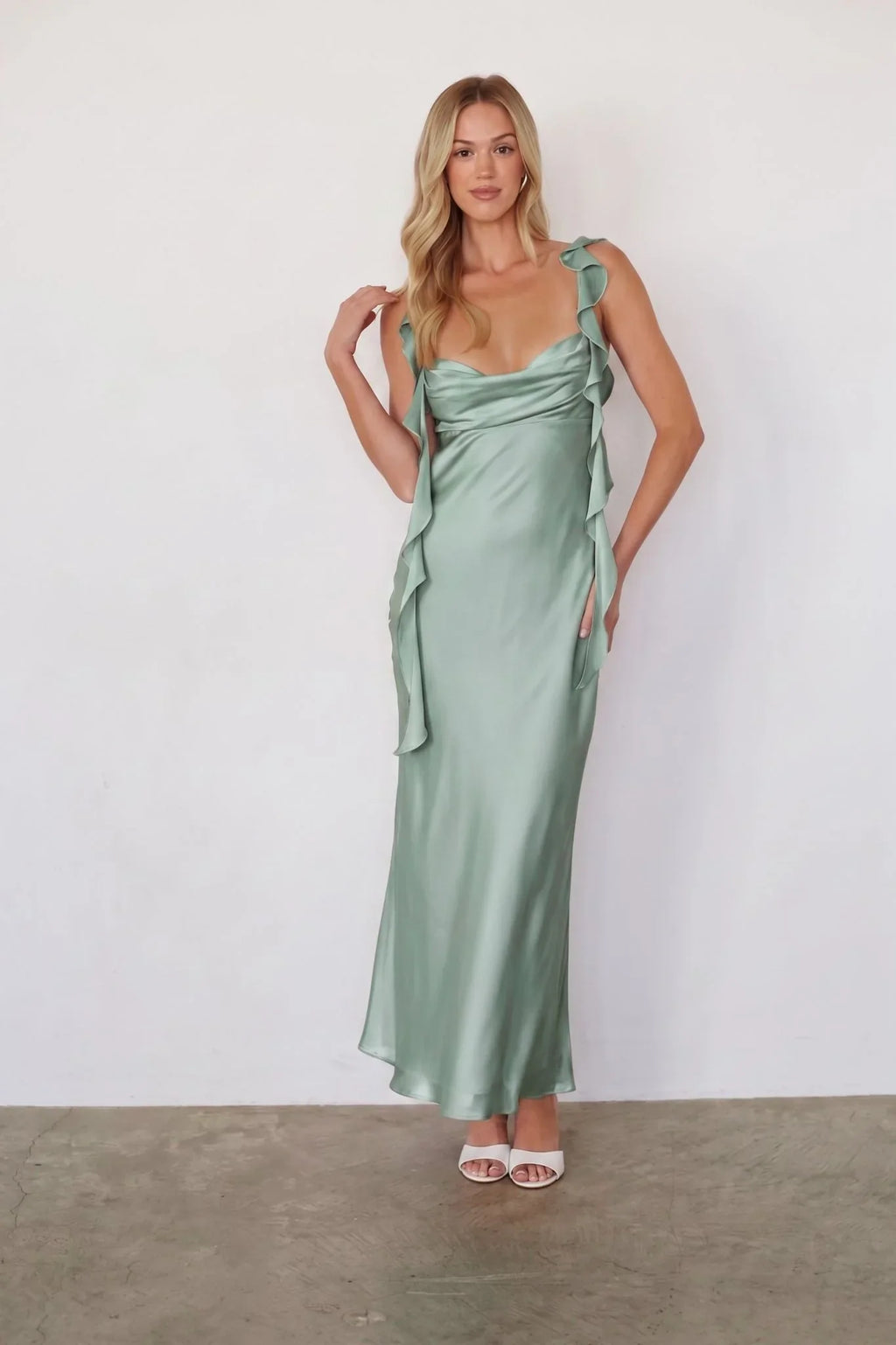 Siren Satin Ruffle Maxi Dress
