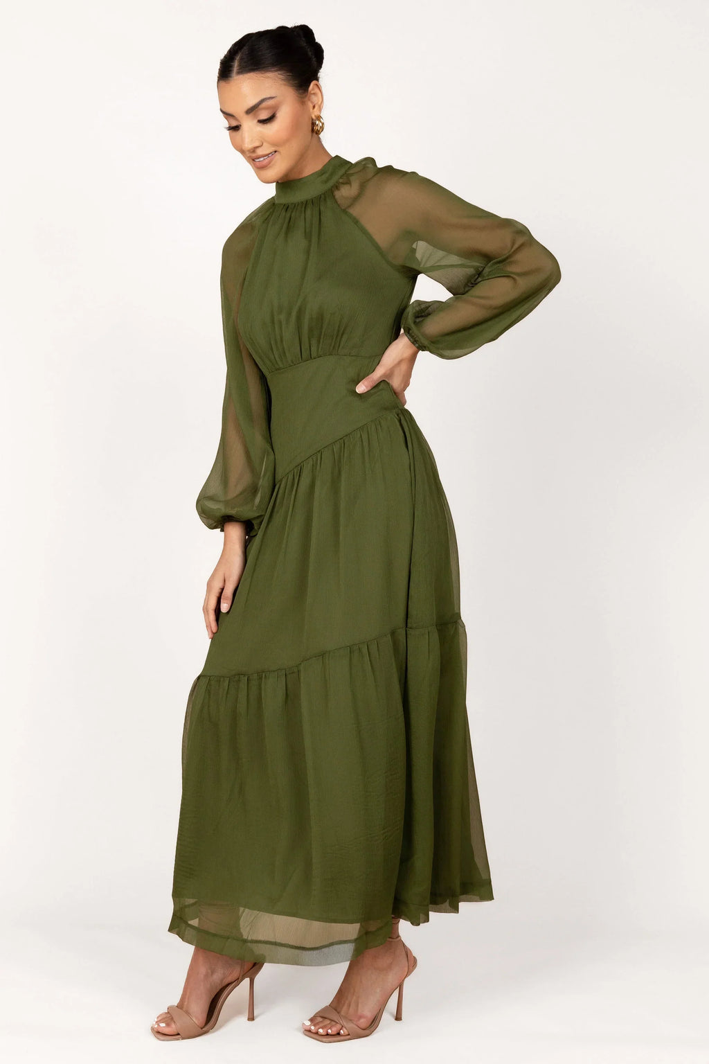 Robe longue maxi à manches longues Julip Sheer - Olive