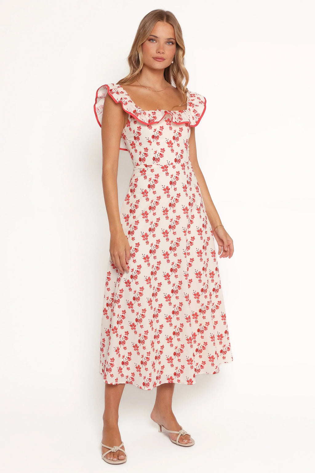 Robe longue Lucille – Motif floral rouge