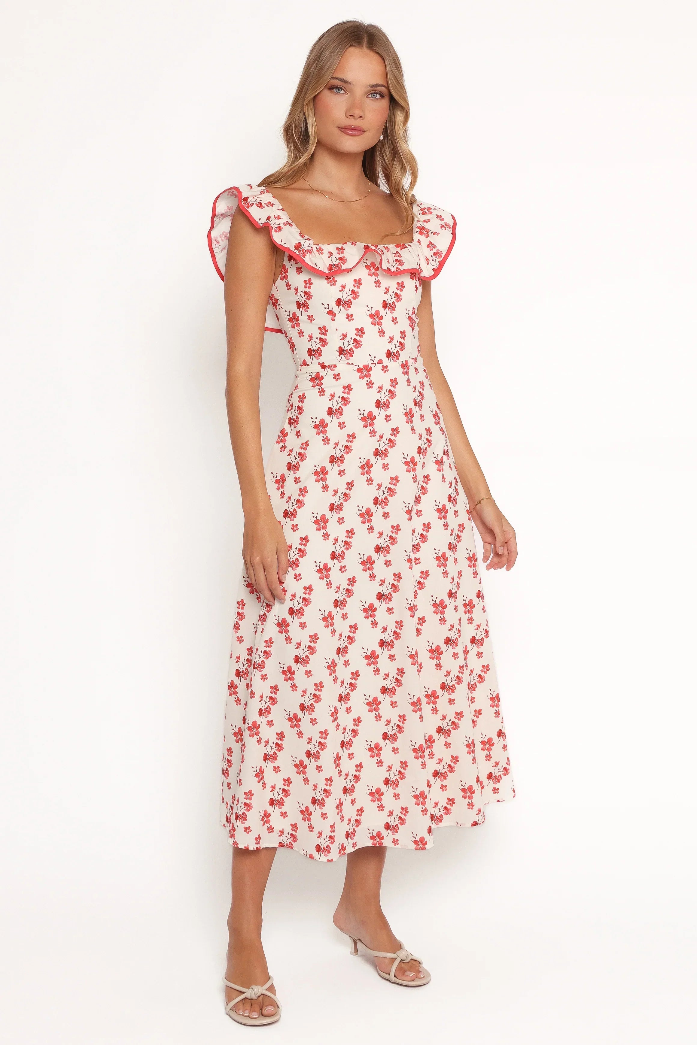 Robe longue Lucille – Motif floral rouge