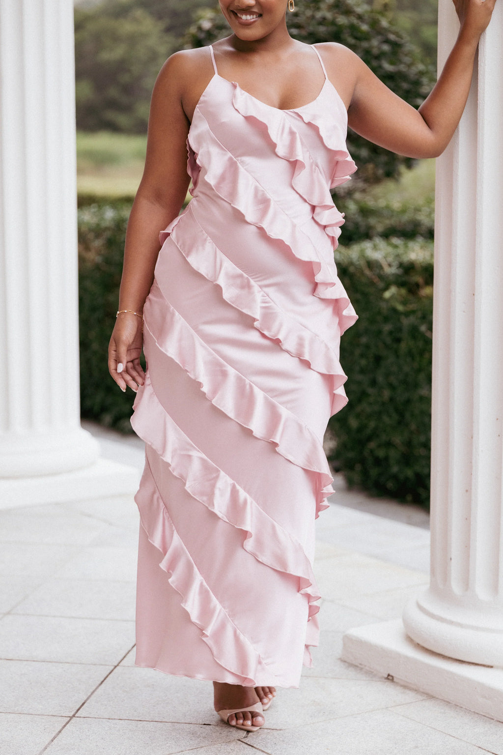 Robe longue en satin Ciao Ruffles - Rose