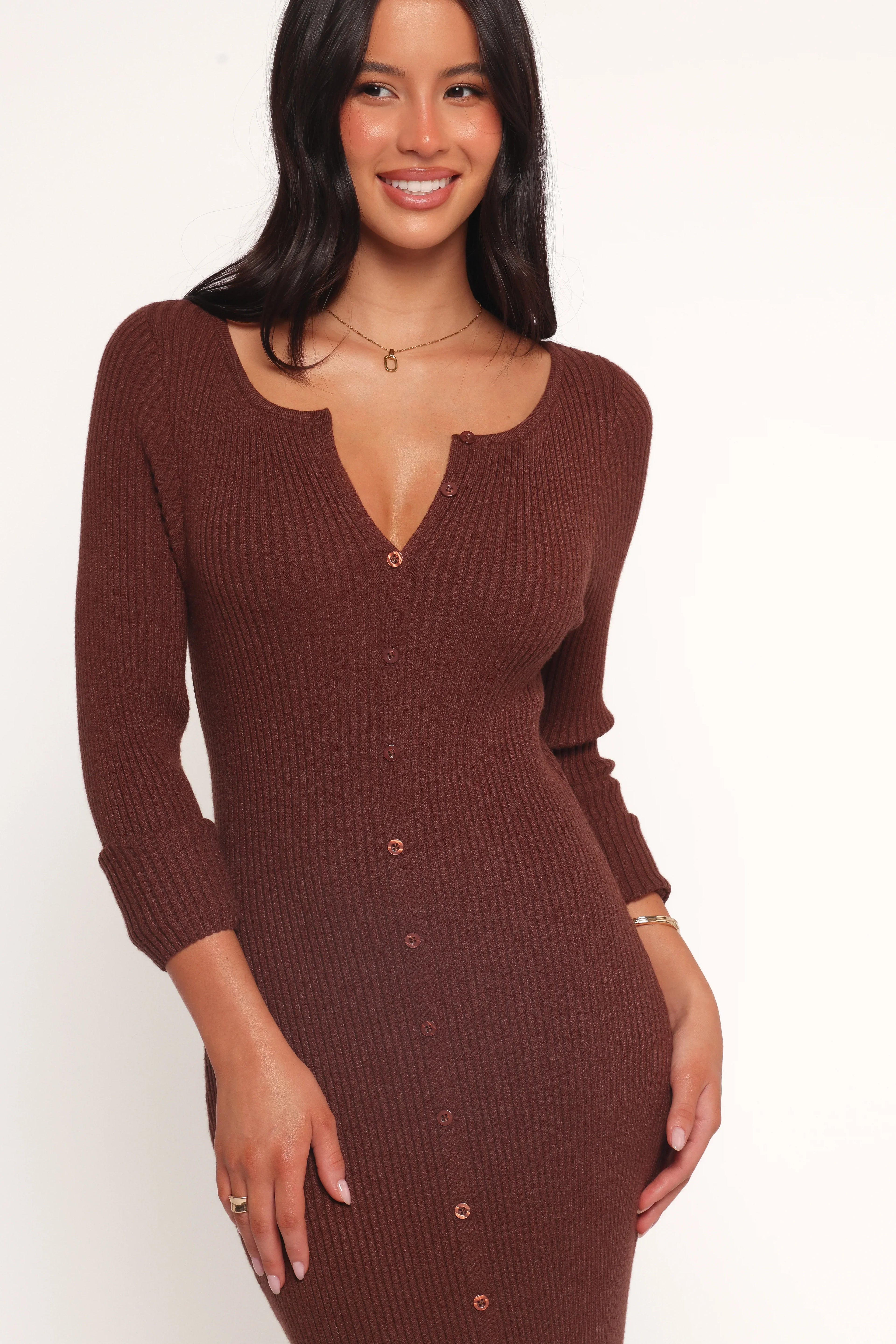 Robe longue en maille Marshall boutonnée - Chocolat