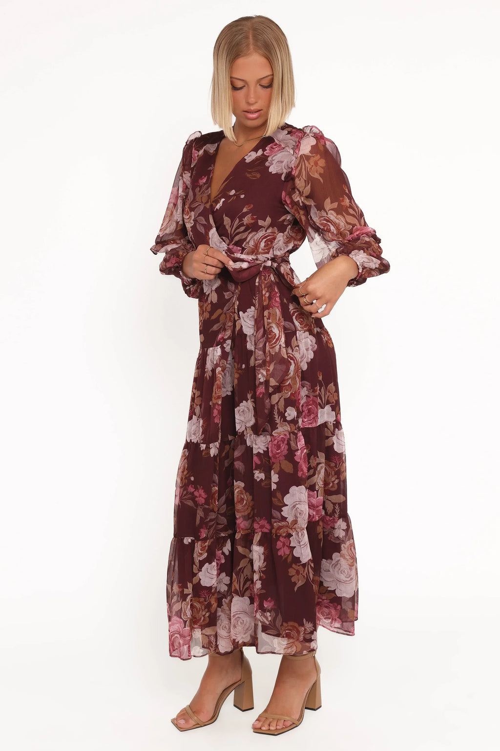 Korina Long Sleeve Maxi Dress - Burgundy Brandy Bloom