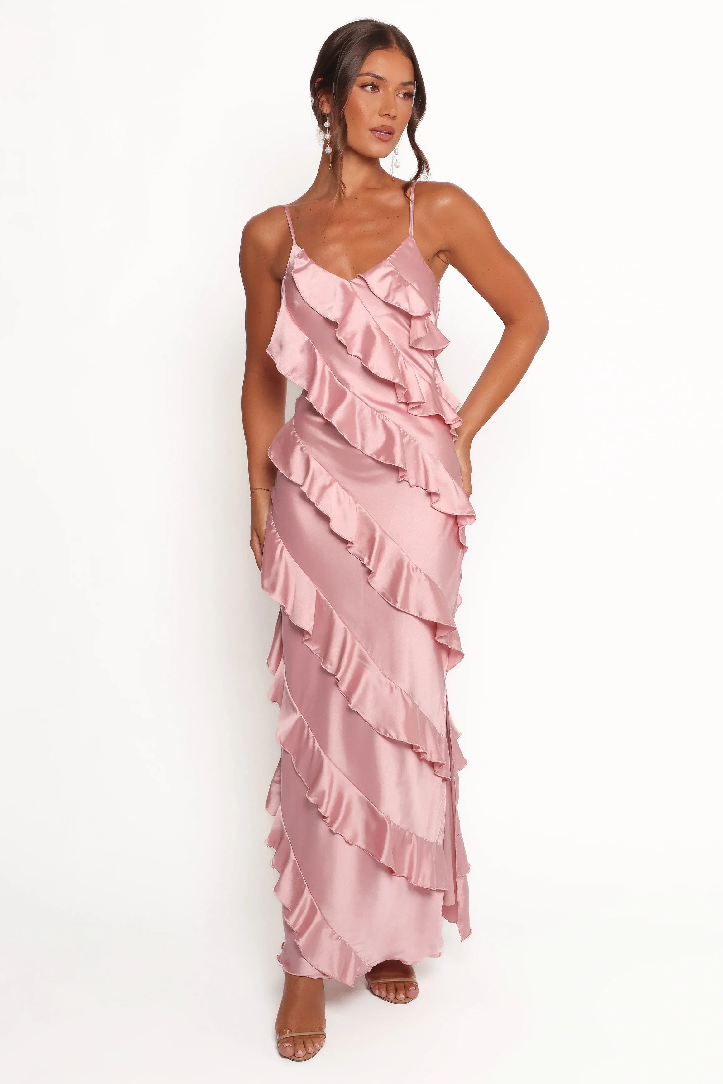 Robe longue en satin Ciao Ruffles - Rose