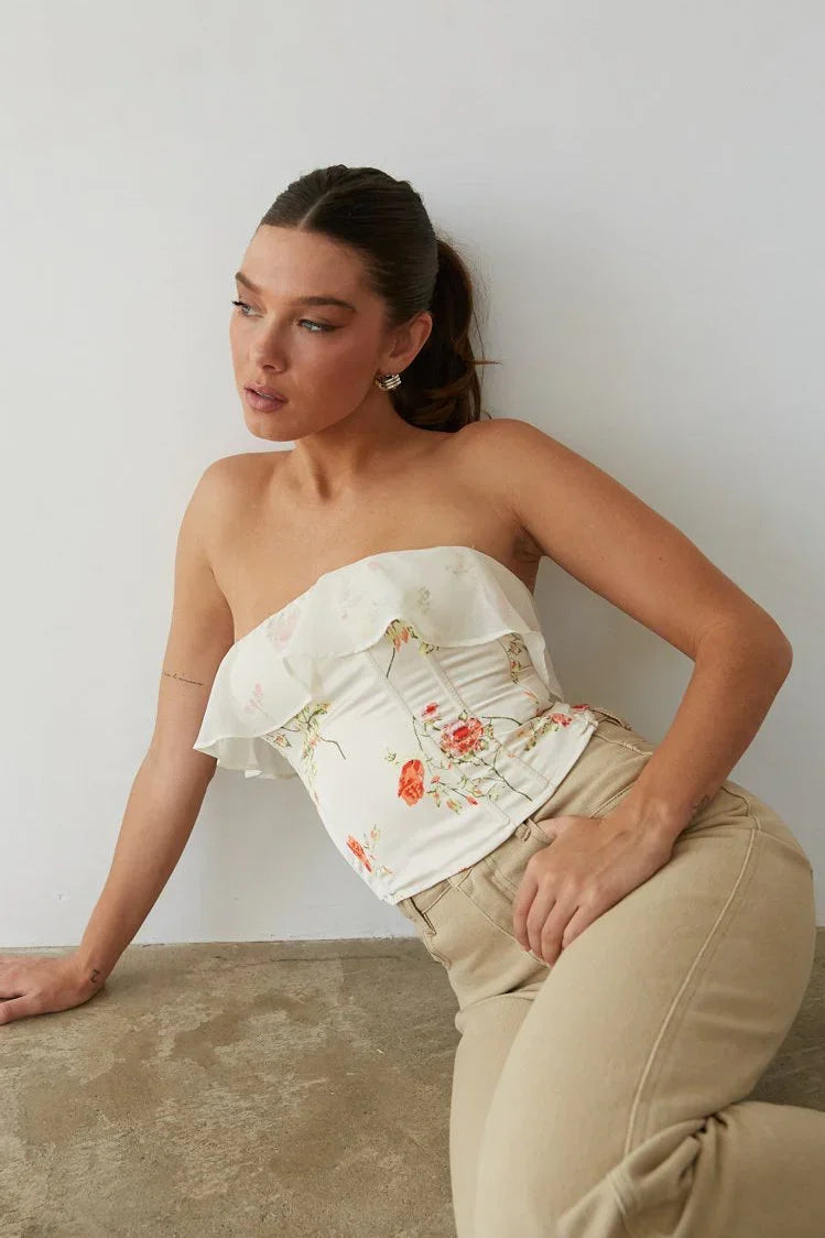 Haut corset en satin à fleurs Alice Ruffle