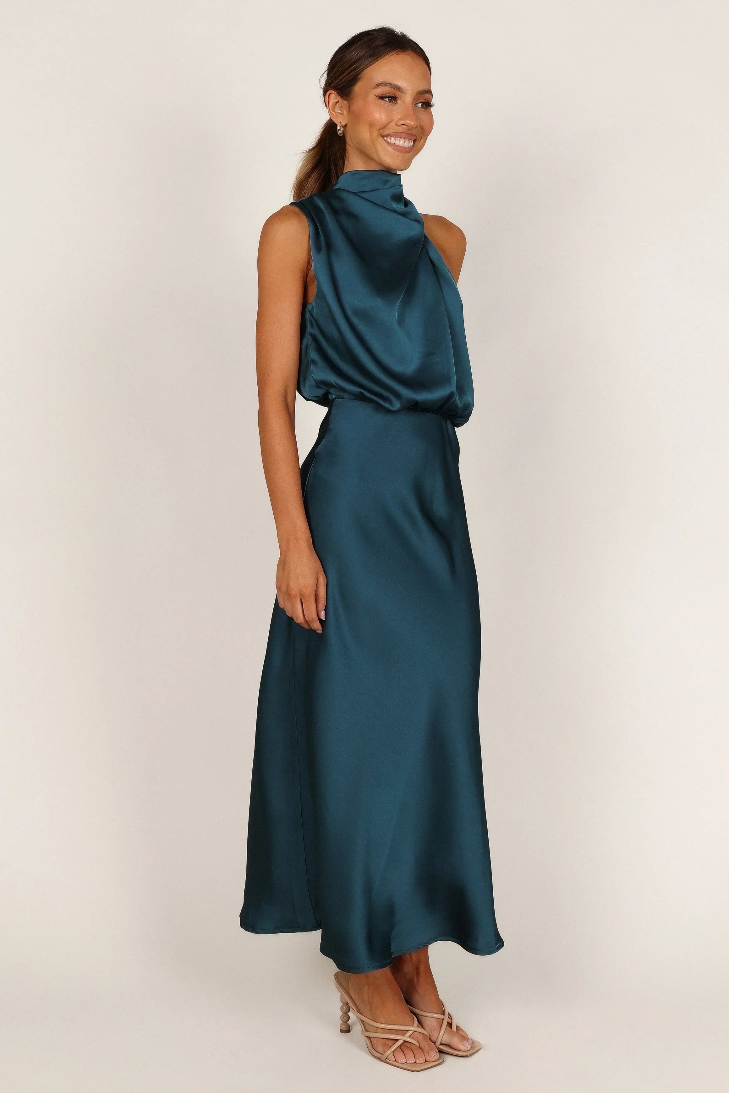 Robe midi Anabelle à encolure américaine - Bleu sarcelle