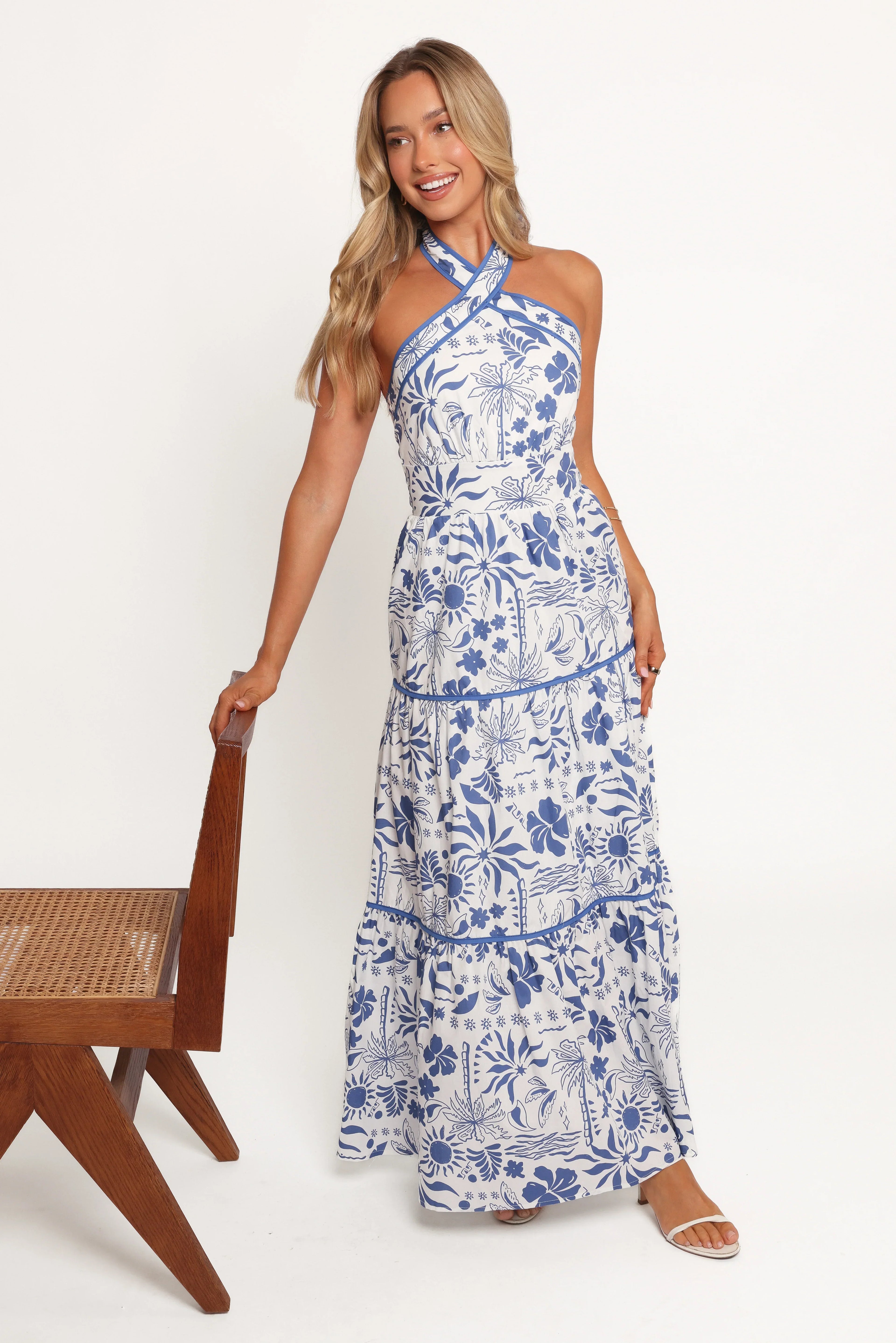 Robe longue Fernanda à col montant - Tropical bleu
