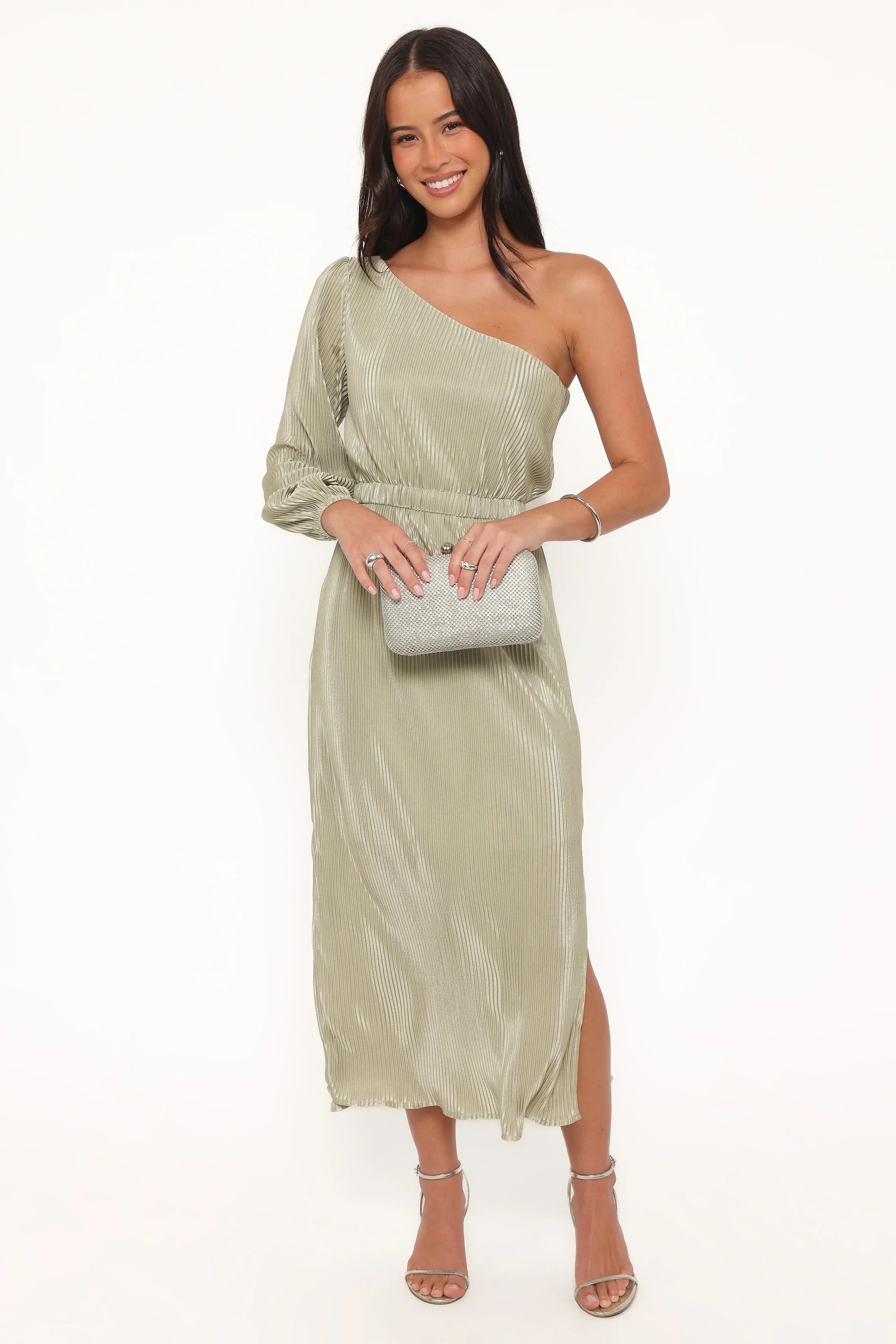 Pontee One Shoulder Pleated Midi Dress - Sage Green