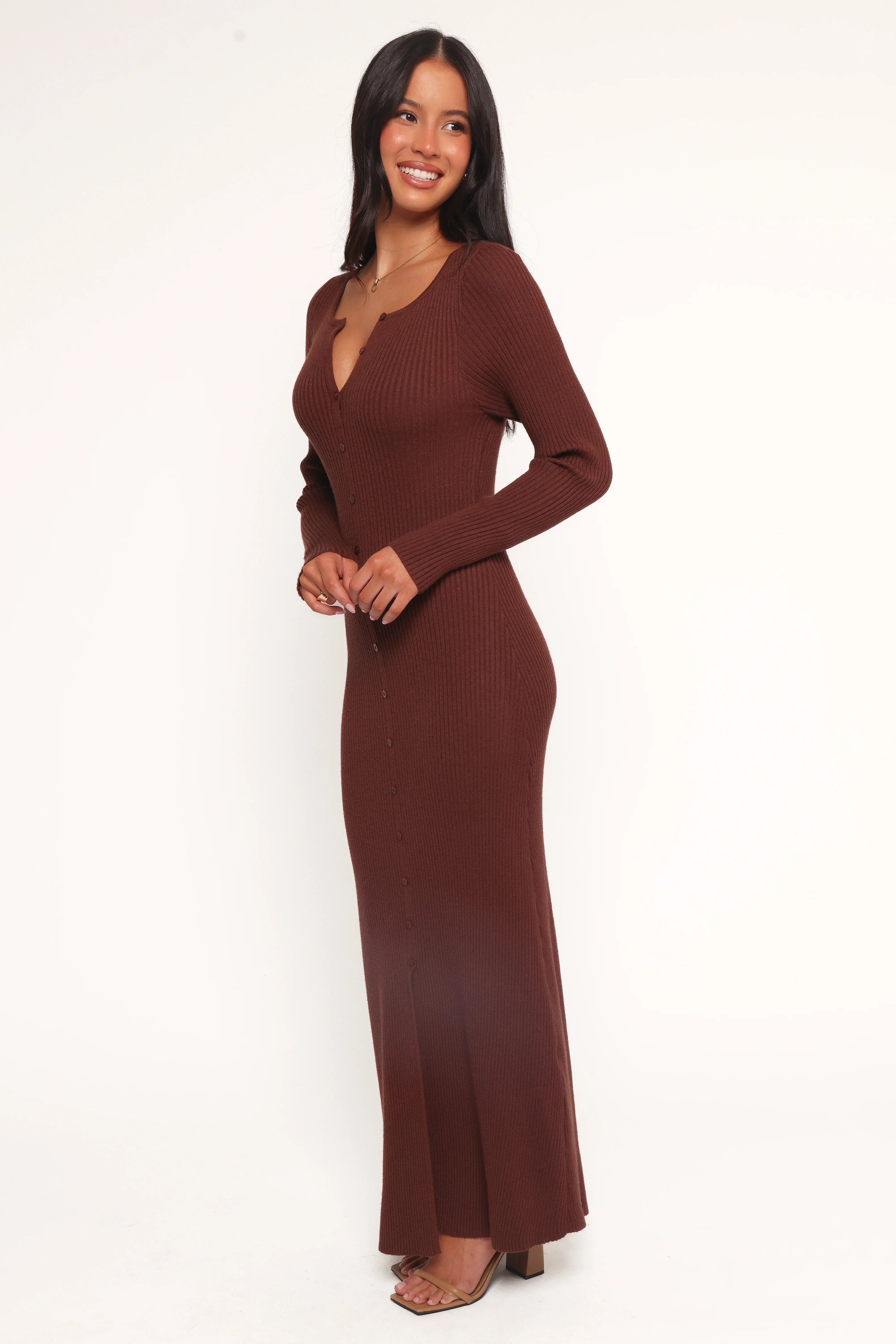 Robe longue en maille Marshall boutonnée - Chocolat