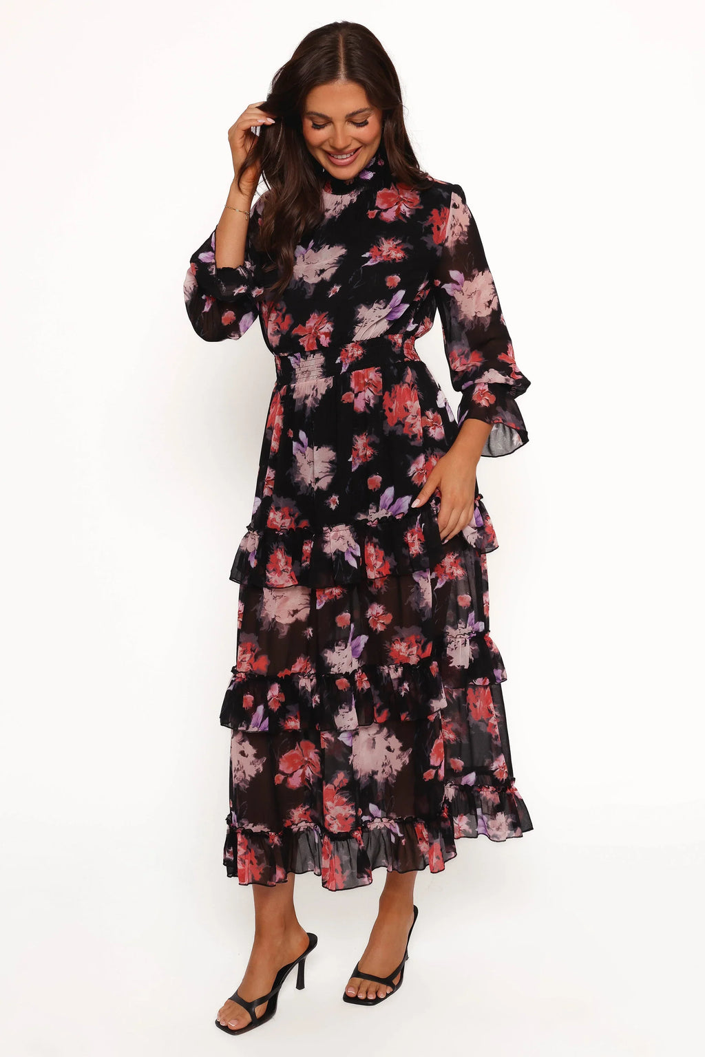 Robe longue Isadora à manches longues – Imprimé floral flou noir