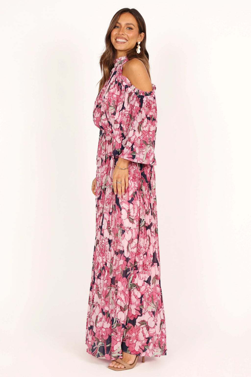 Robe longue plissée Hilary – Imprimé fleuri rose
