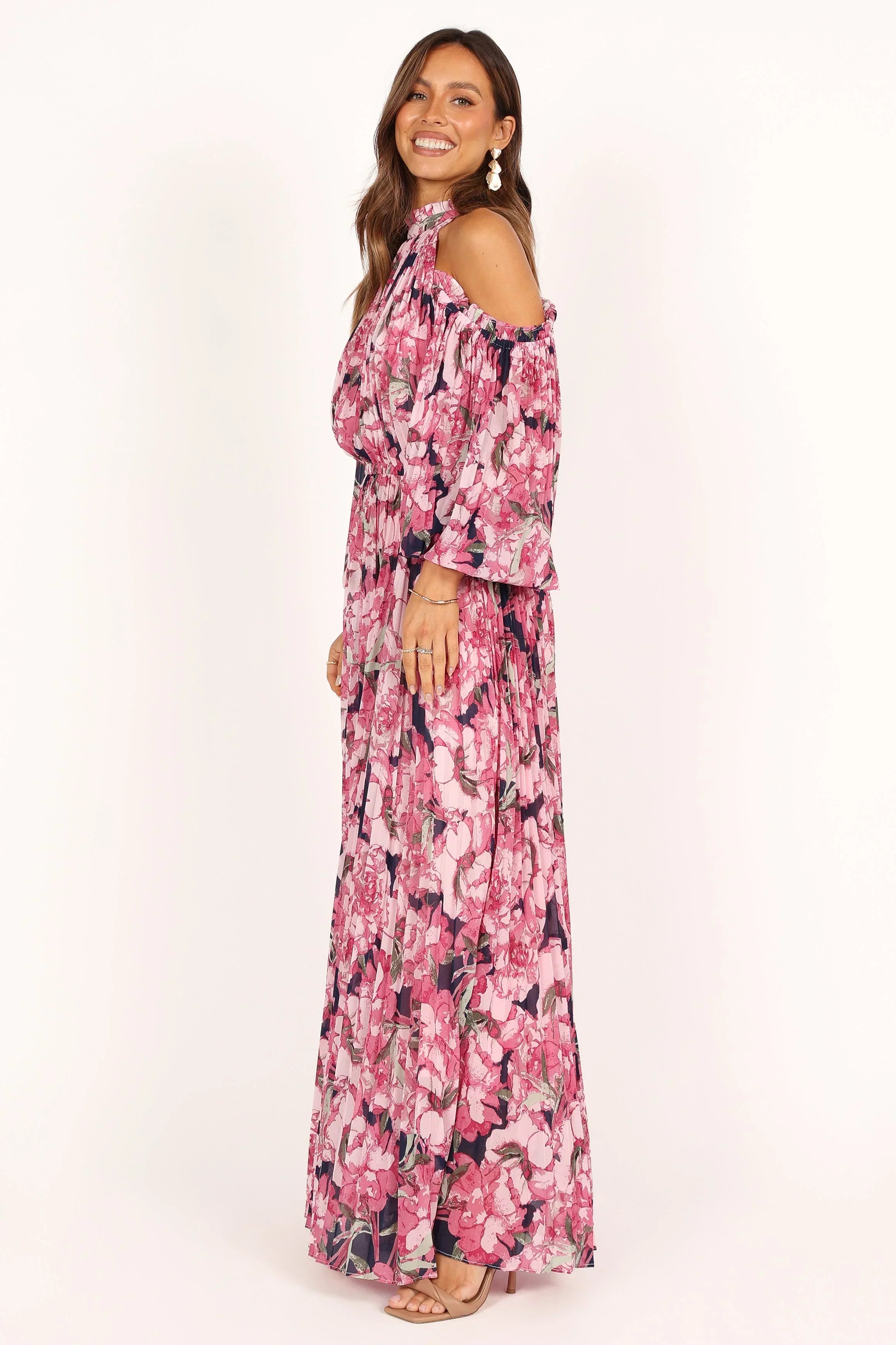 Robe longue plissée Hilary – Imprimé fleuri rose