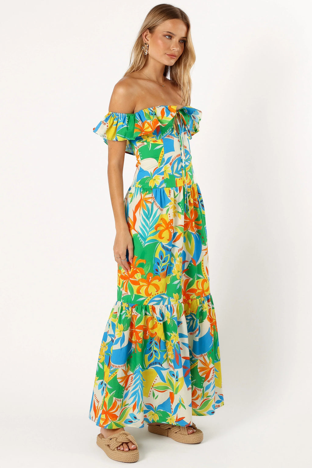 Robe longue Harriet à épaules dénudées – Imprimé Malte