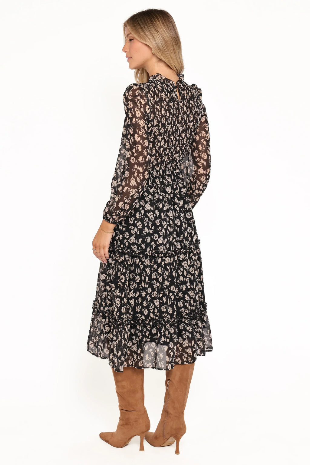 Robe mi-longue Edwina à manches longues froncées et volantées - Imprimé floral minuscule noir