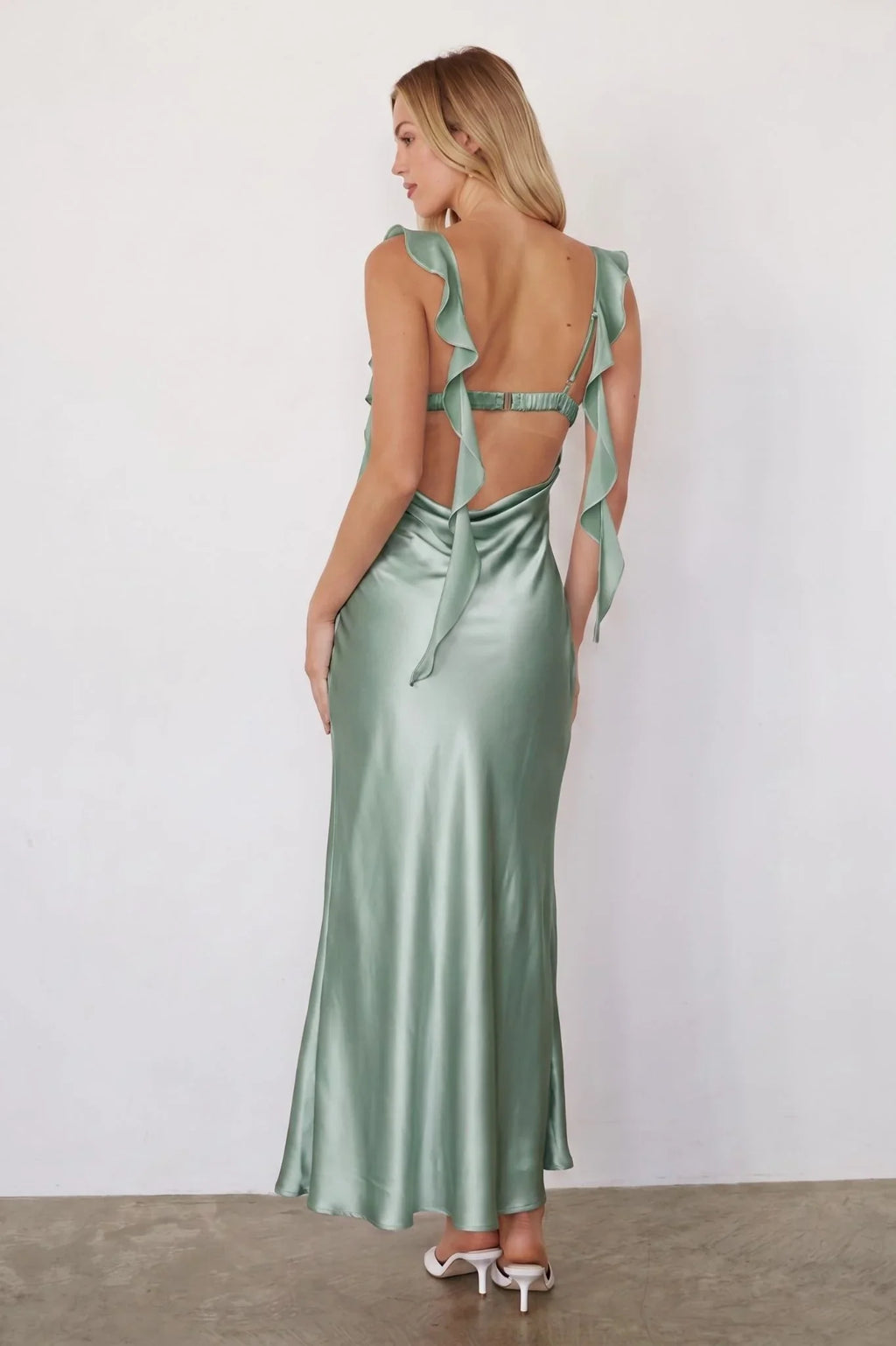 Siren Satin Ruffle Maxi Dress