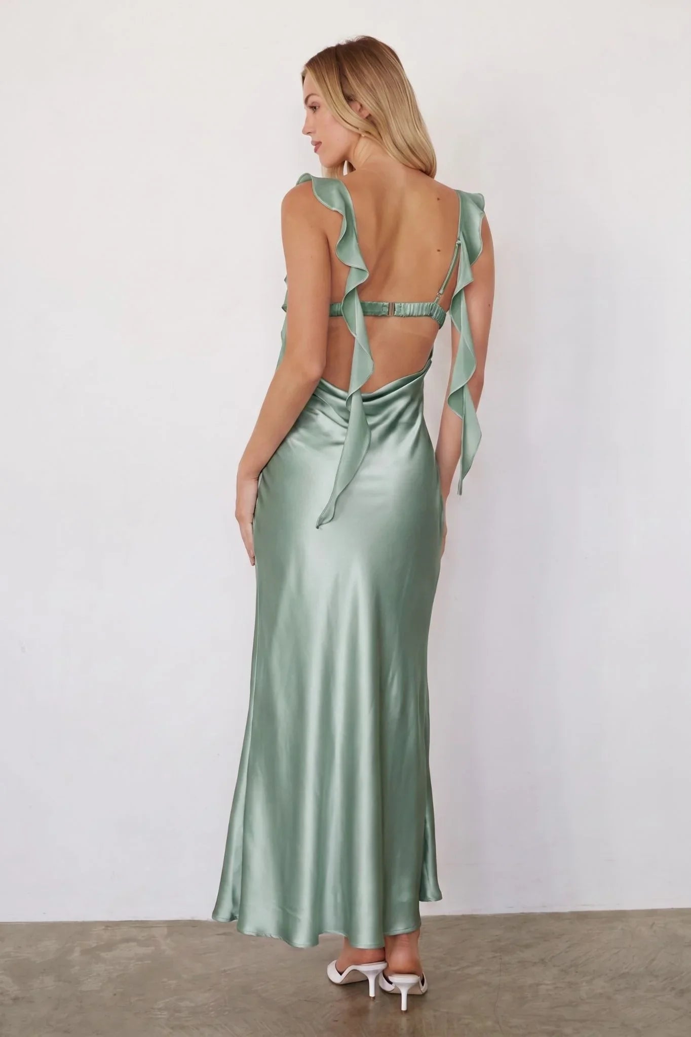 Siren Satin Ruffle Maxi Dress