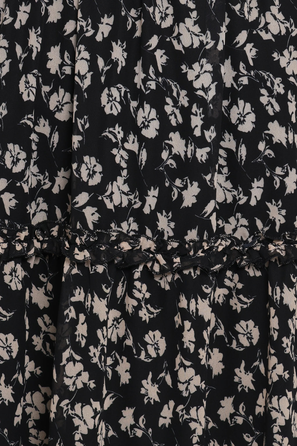 Robe mi-longue Edwina à manches longues froncées et volantées - Imprimé floral minuscule noir