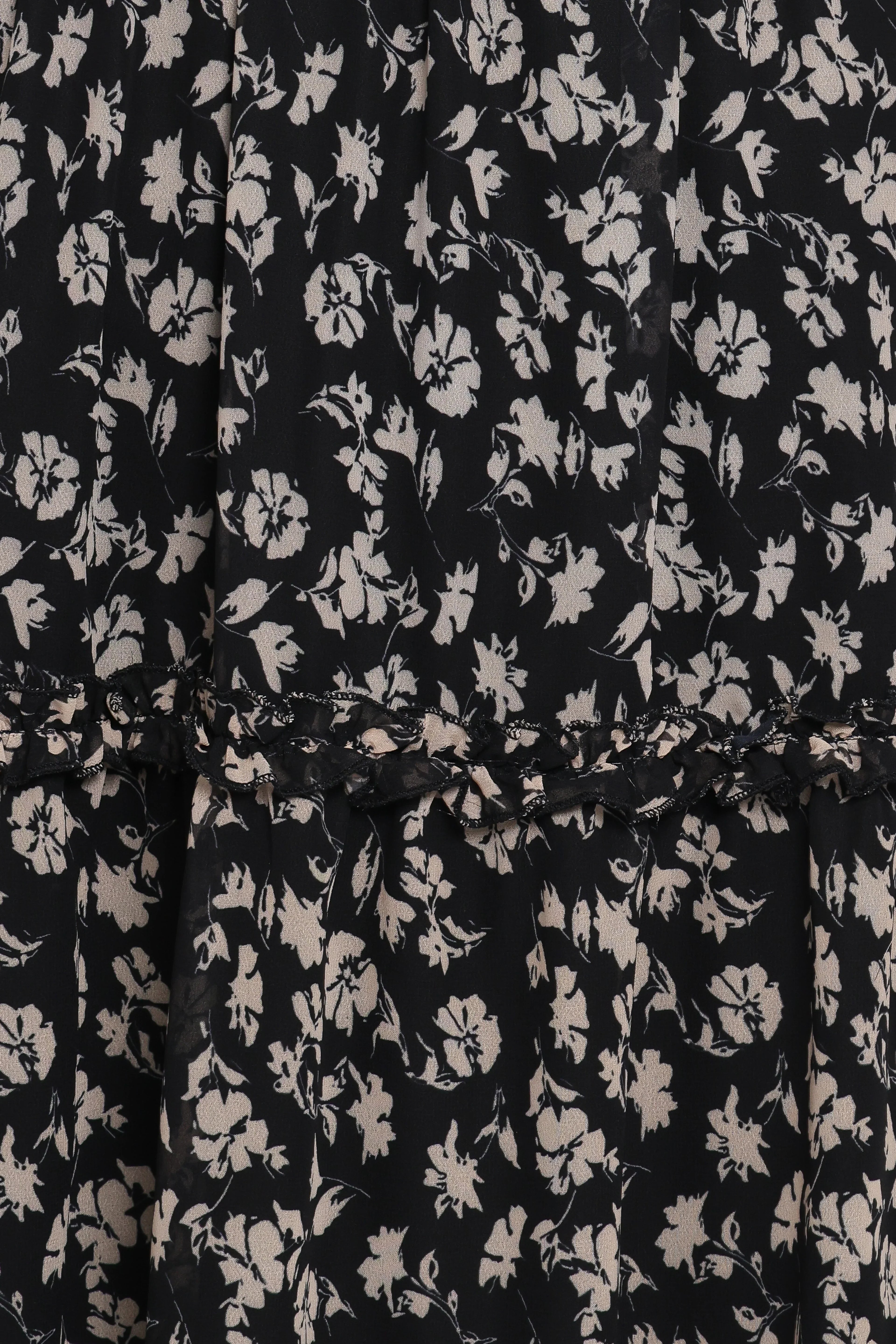 Robe mi-longue Edwina à manches longues froncées et volantées - Imprimé floral minuscule noir