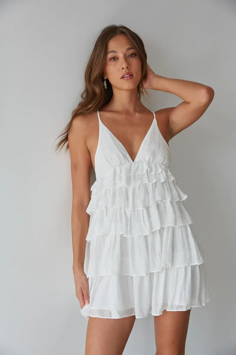 Boardwalk Tiered Ruffle Tie Back Mini Dress