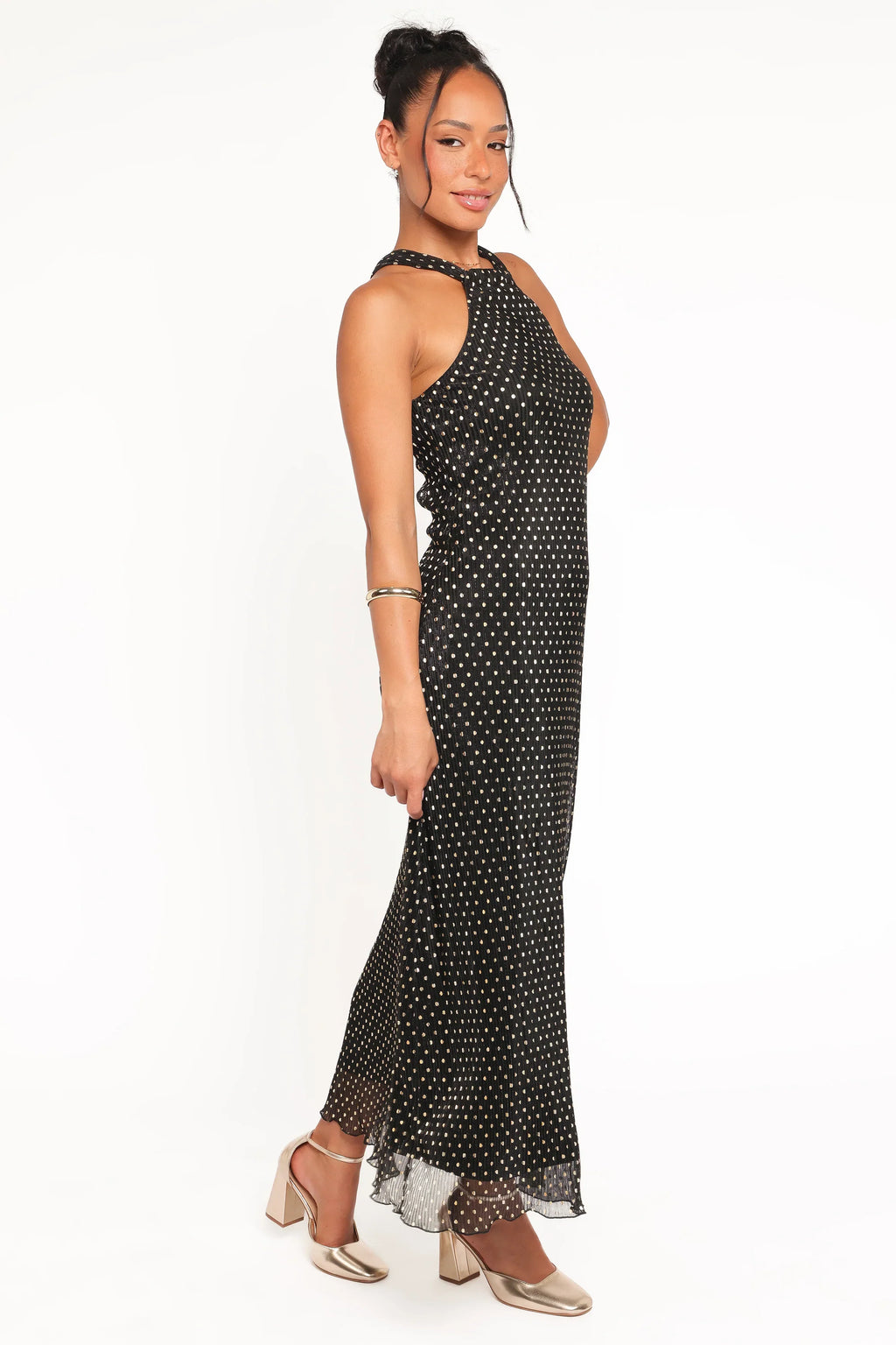 Robe longue Melody Plissée à Col Halter - Pois Dorés/Noirs