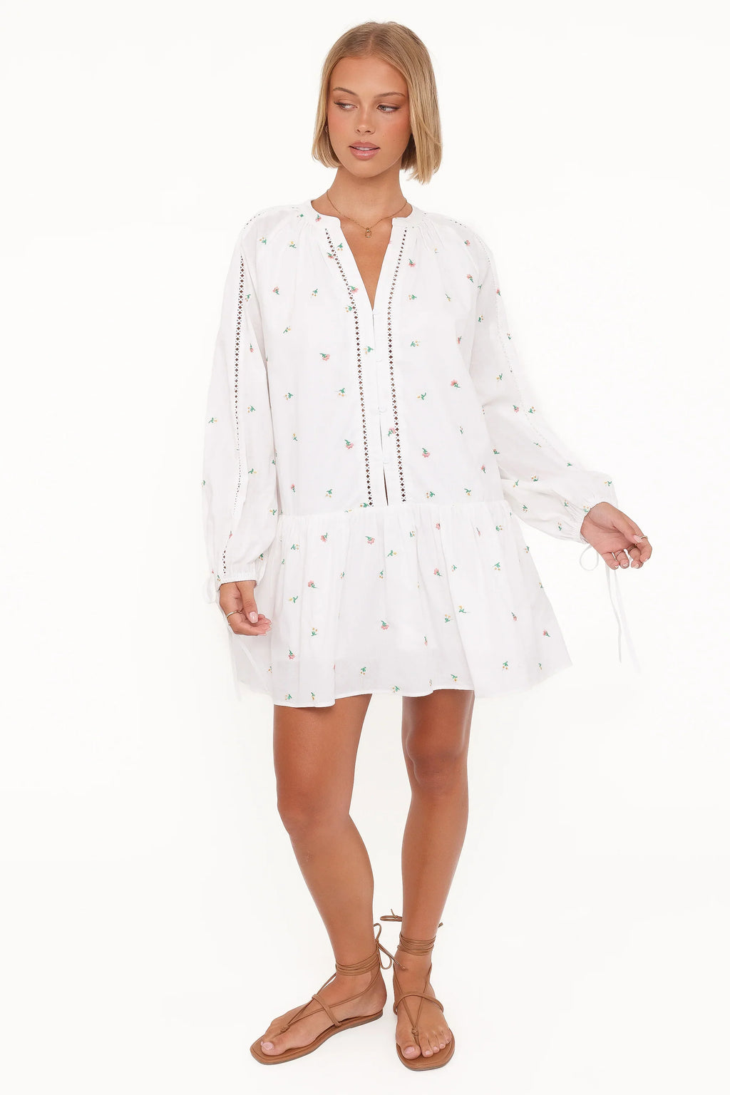 Robe mini à manches longues Hart - Fleurie blanche