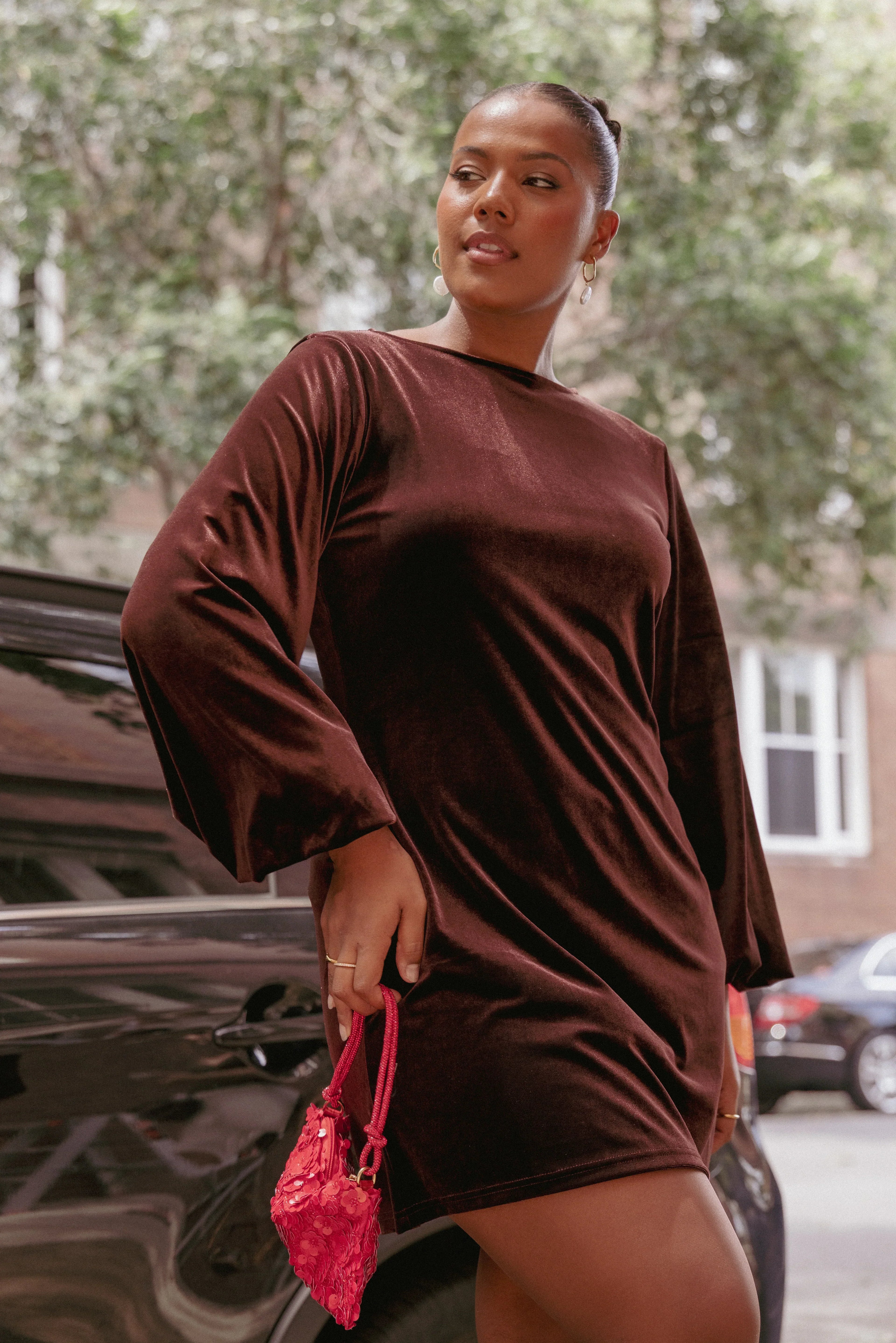 Mini-robe en velours Twylar à manches longues - Marron
