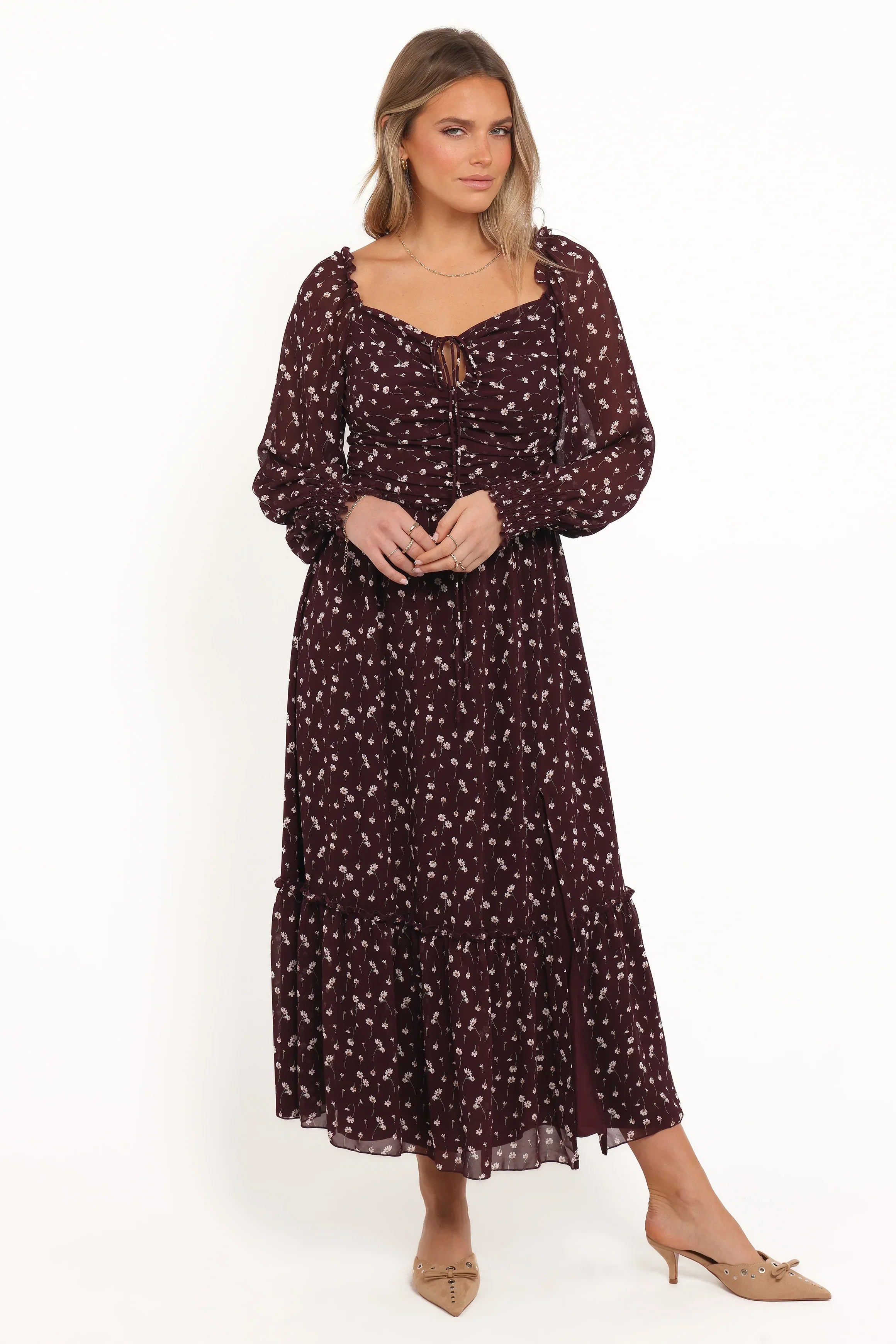 Robe longue Keziah à manches longues - Fleurie bordeaux
