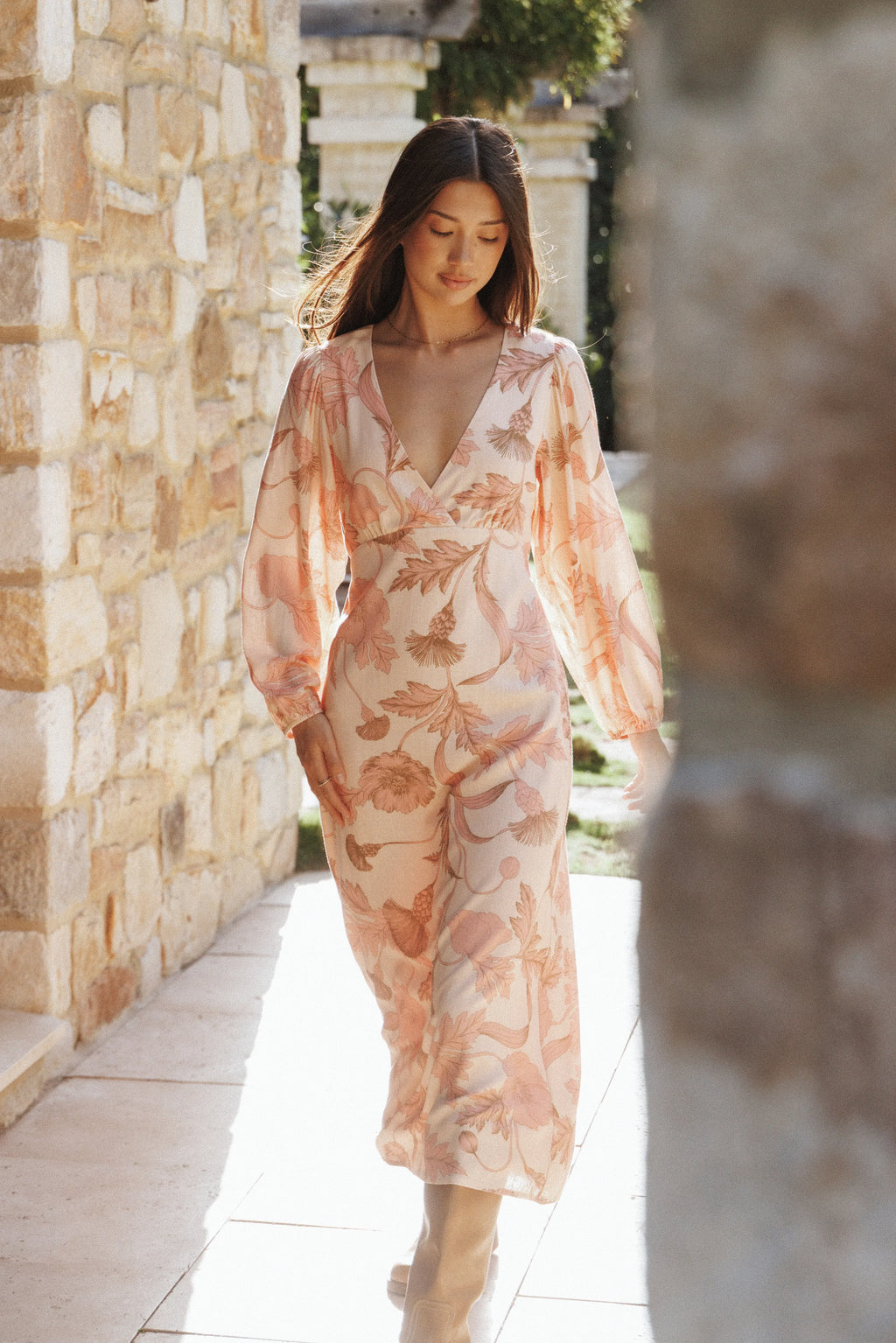 Robe mi-longue Kolby à manches longues - Imprimé floral rose