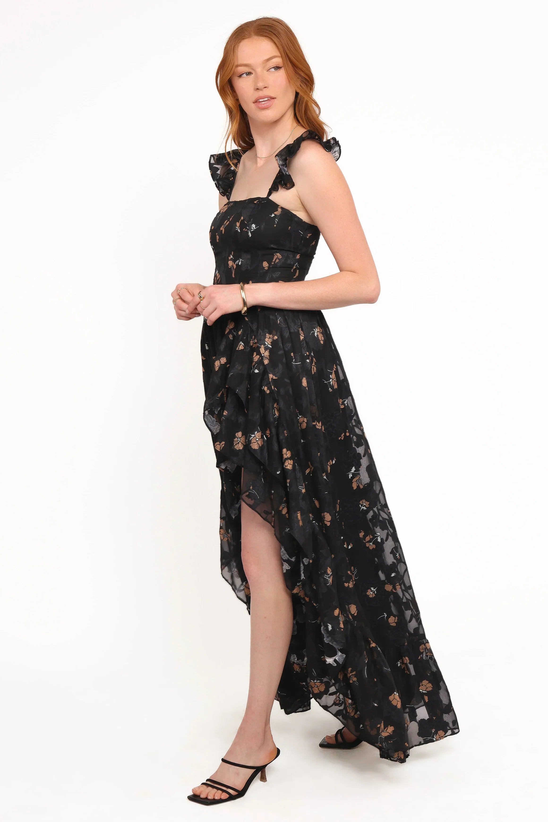 Robe longue Orielle - Imprimé floral noir/beige