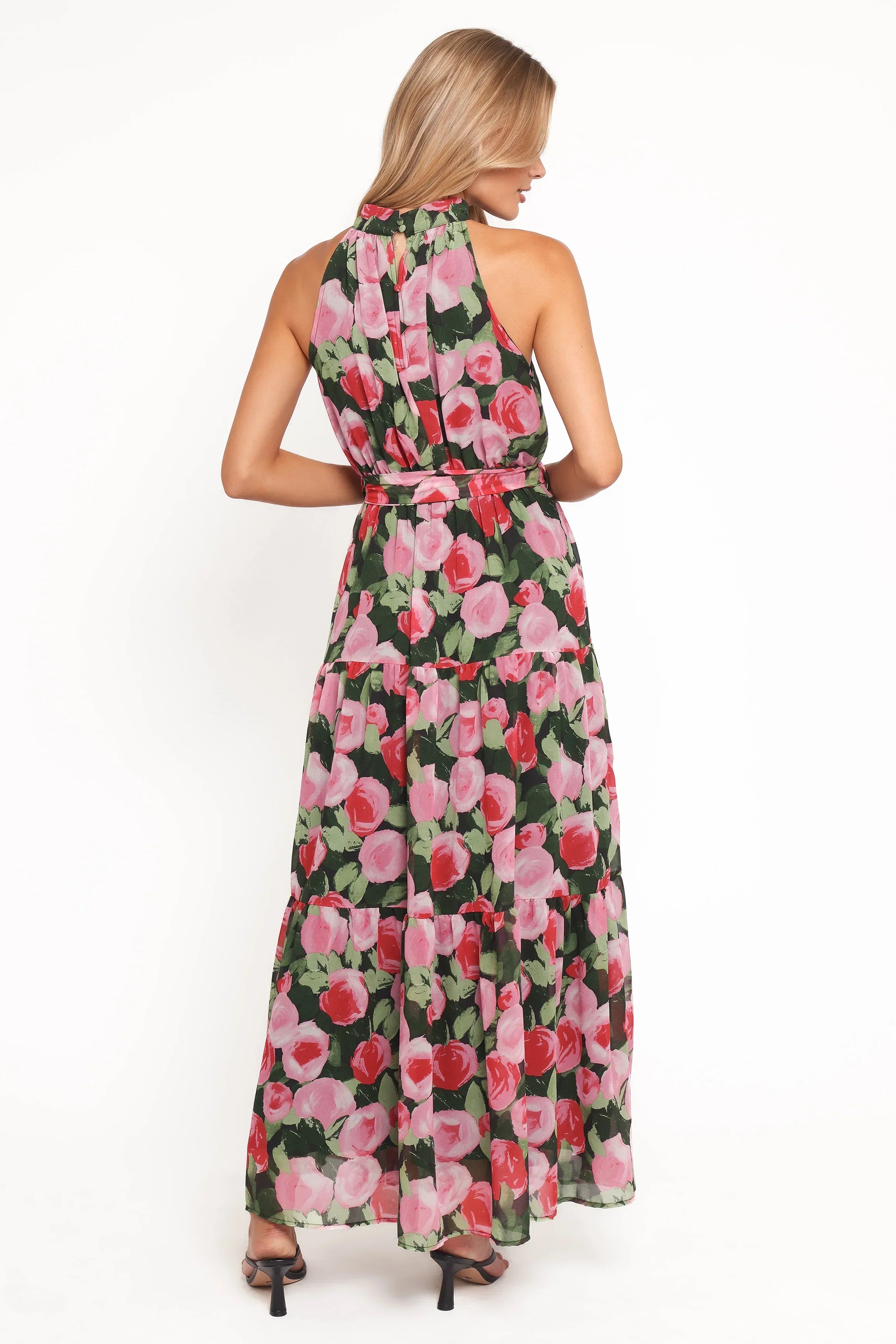 Robe longue Caroline à licou – Fleurie noire