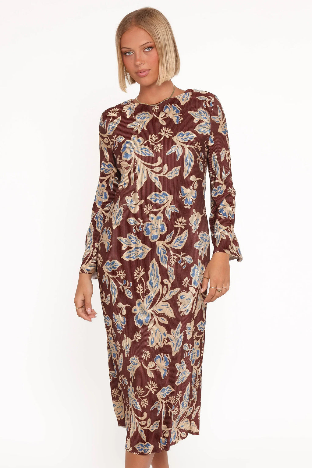 Robe Midi Manches Longues Morena - Motif Floral Marron
