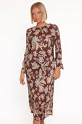 Robe Midi Manches Longues Morena - Motif Floral Marron