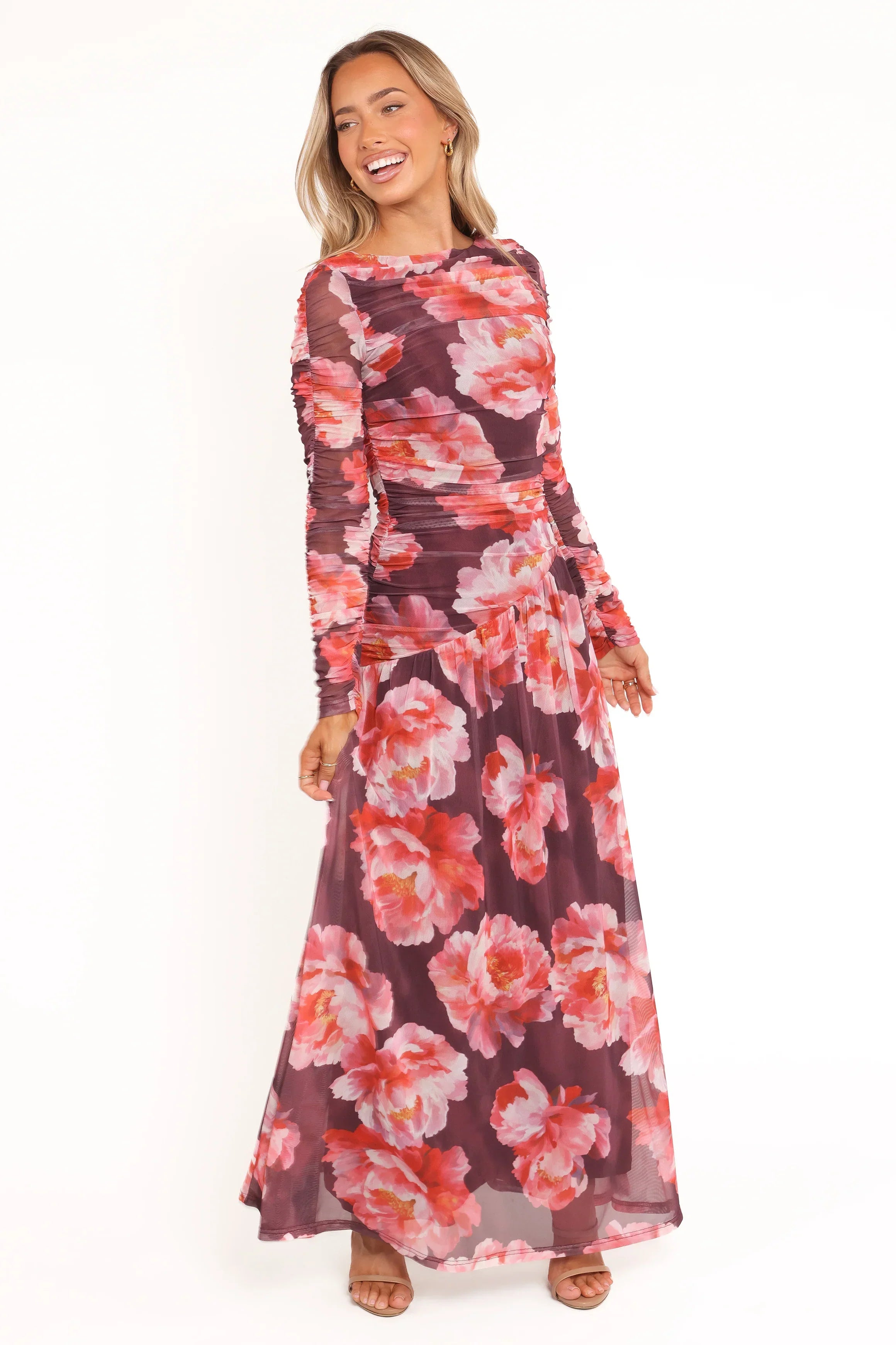 Robe longue Calypso à manches longues - Pivoine bordeaux