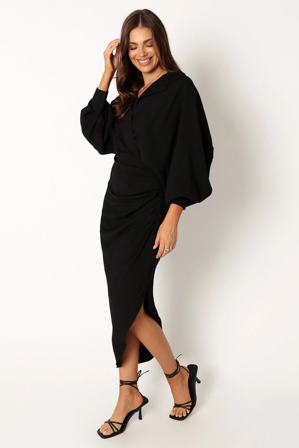 Robe mi-longue Paxton à manches longues – Noir