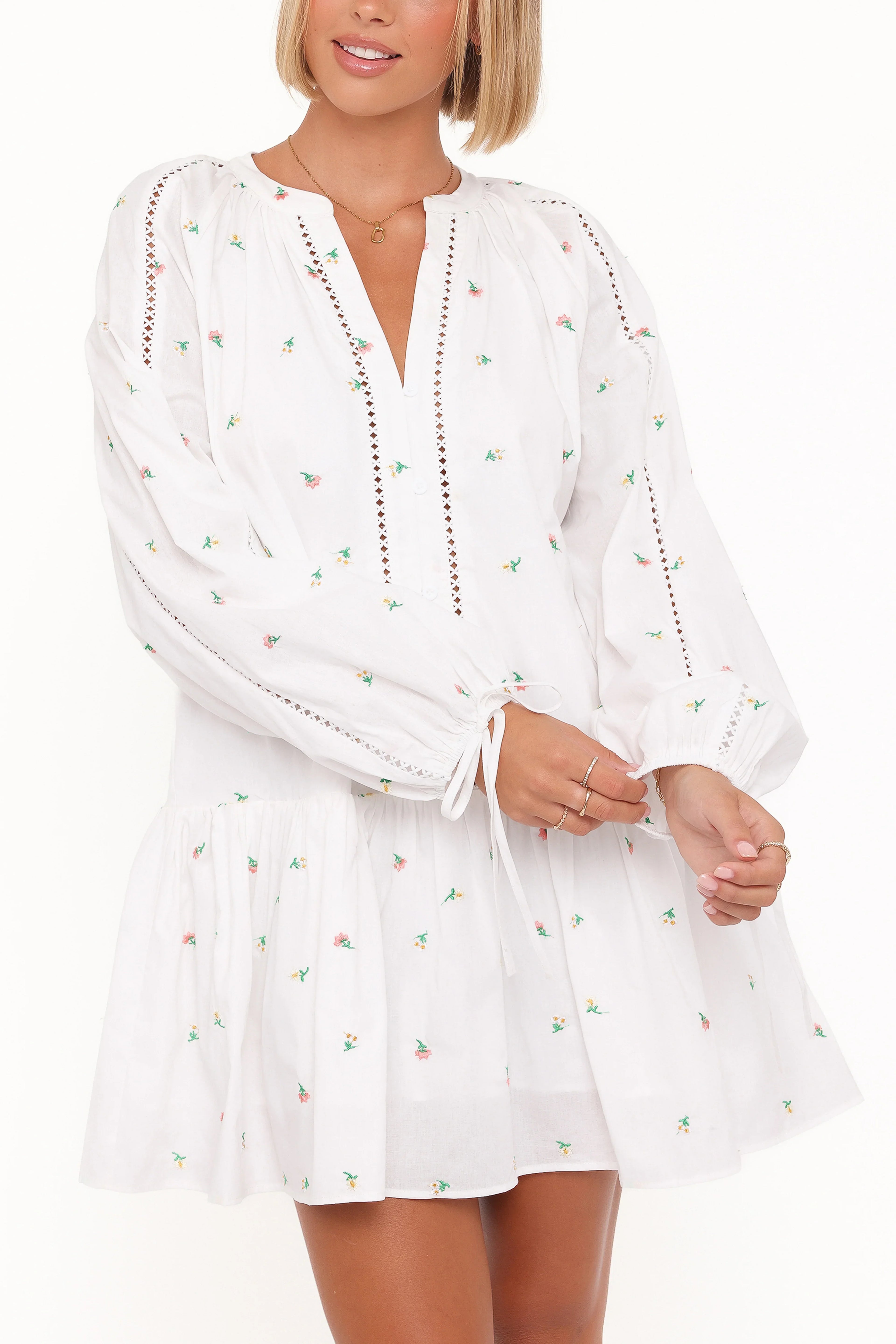 Robe mini à manches longues Hart - Fleurie blanche