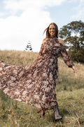 Robe longue plissée Hilary - Imprimé floral marron
