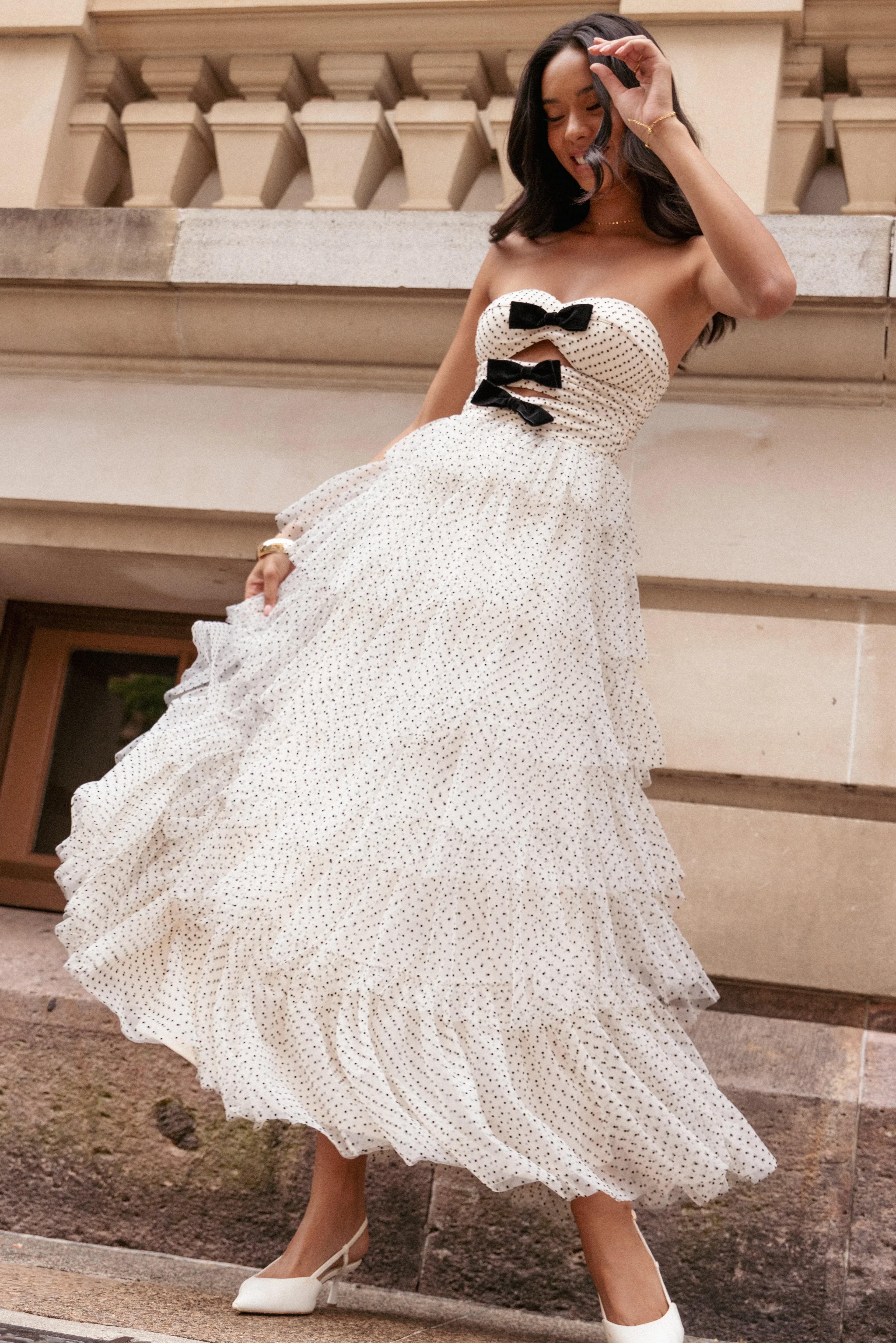 Robe midi bustier Kelari – Crème à pois