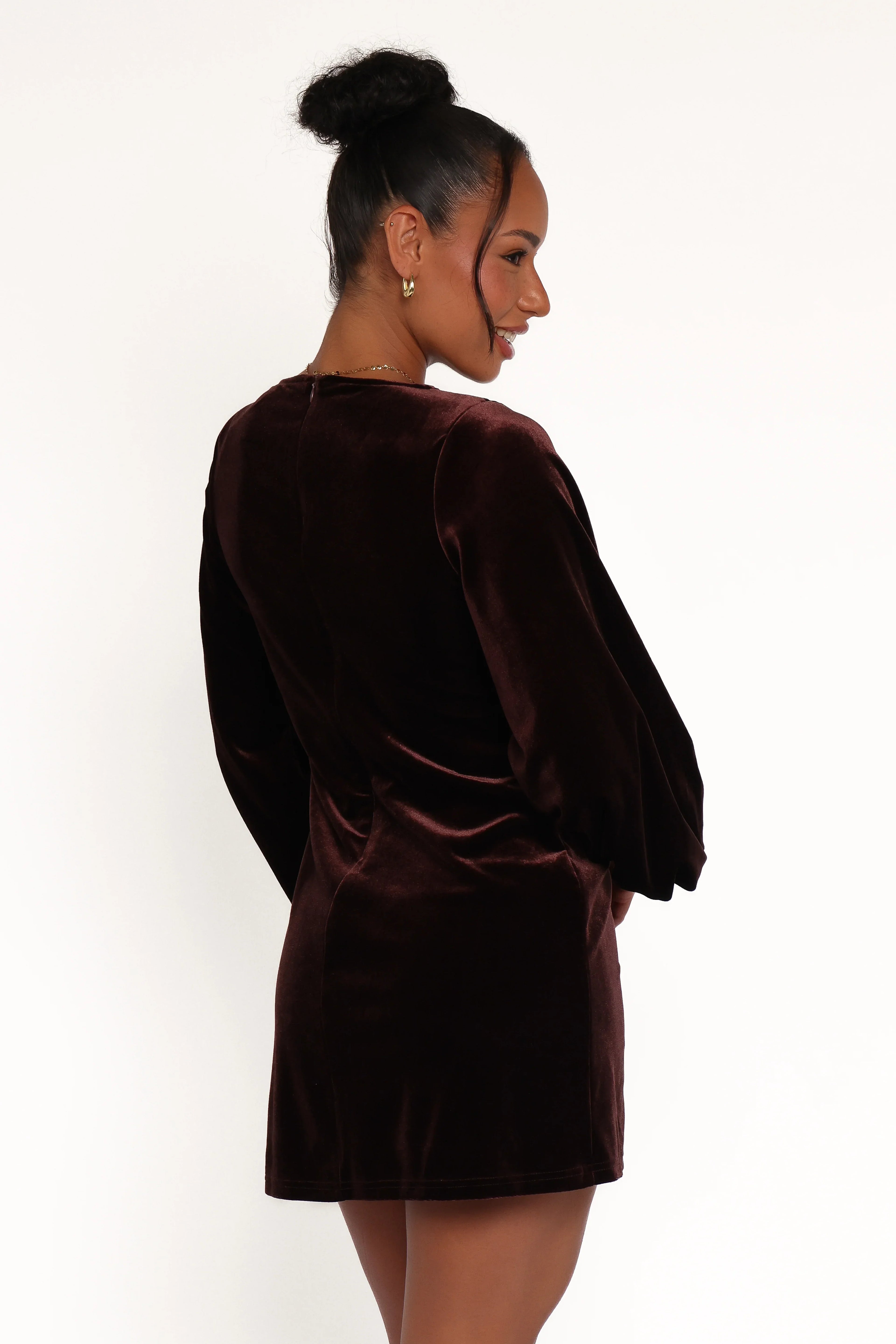 Mini-robe en velours Twylar à manches longues - Marron