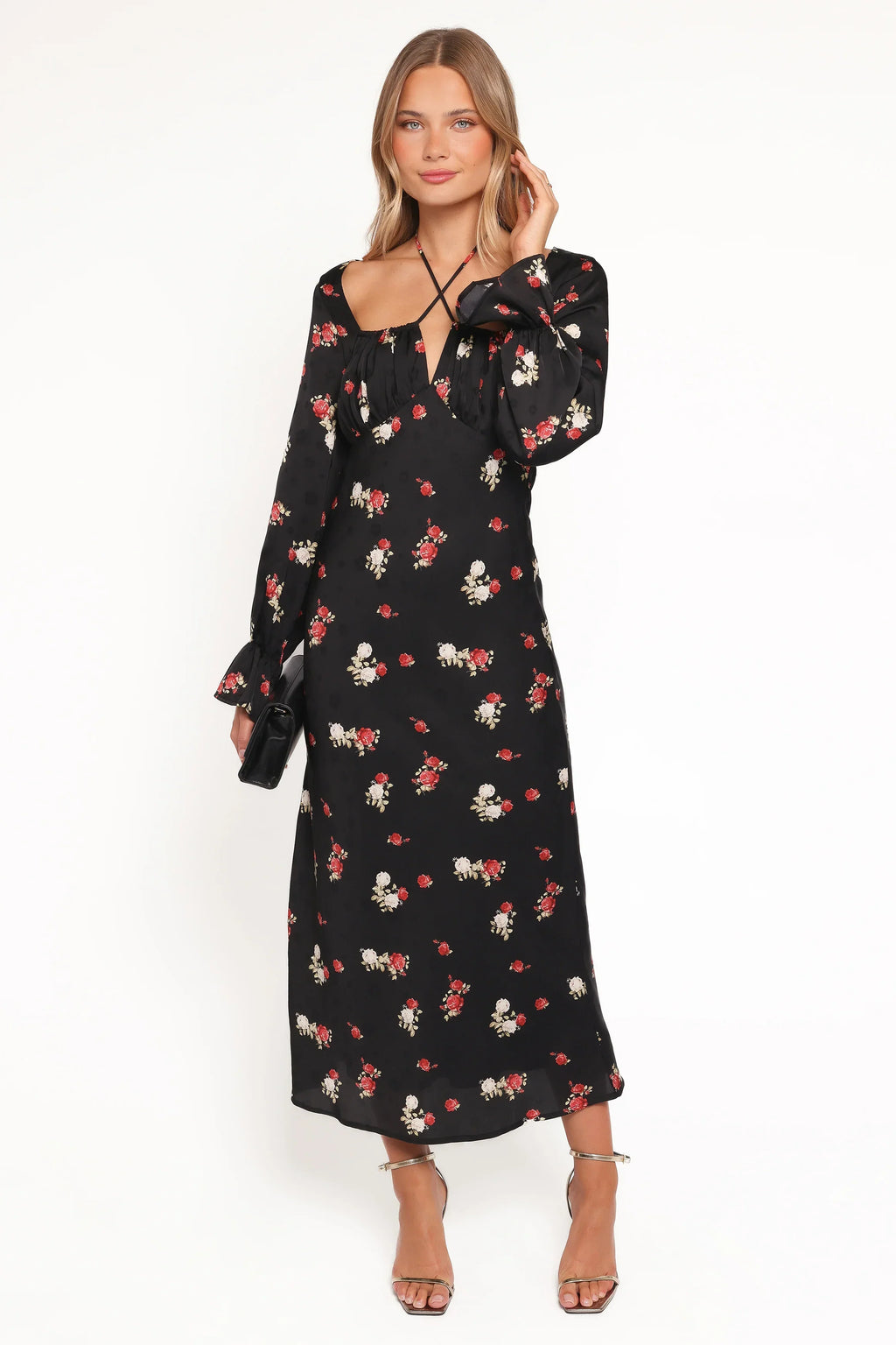 Robe longue Pauline à manches longues - Imprimé fleuri noir