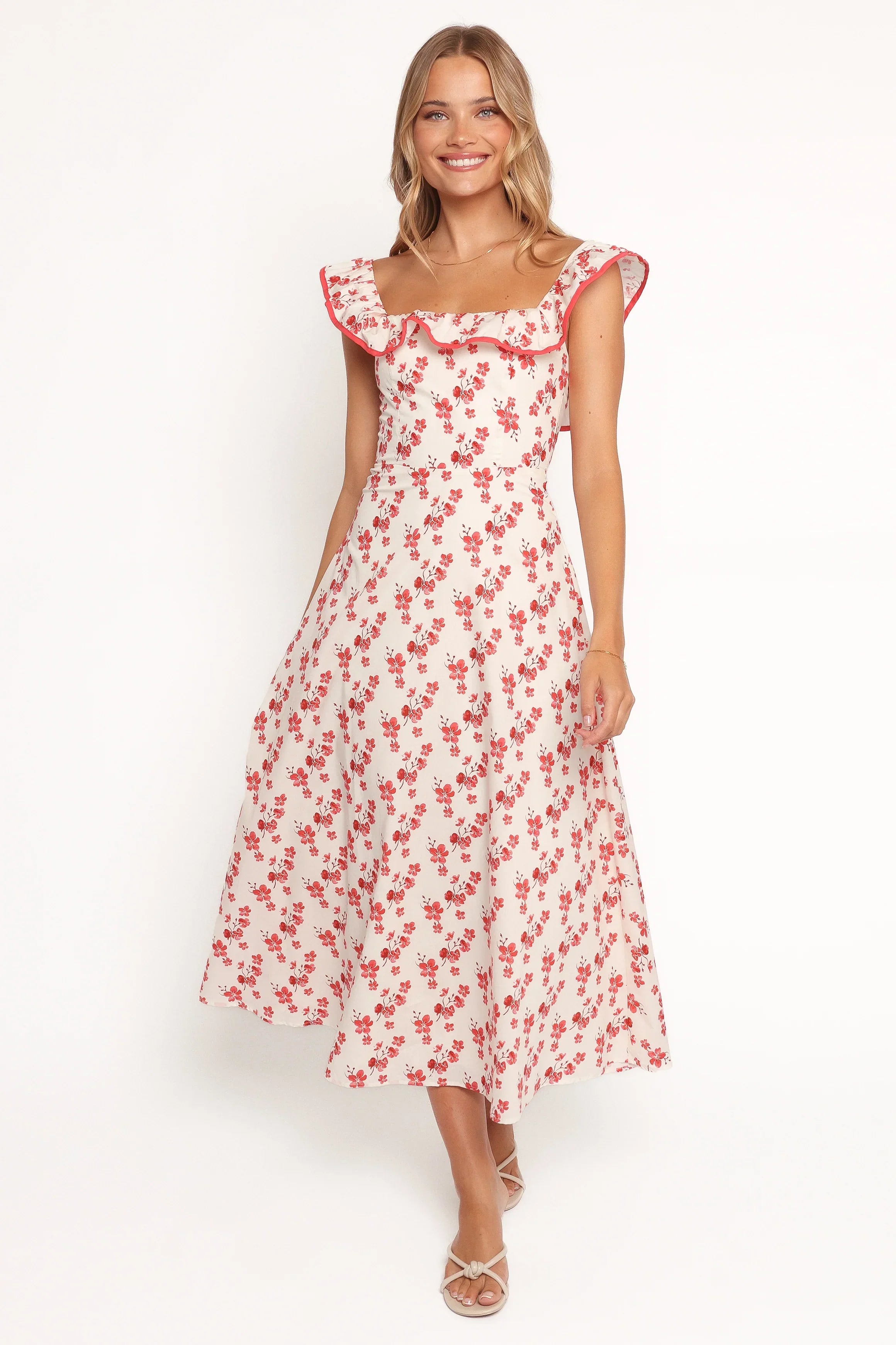 Robe longue Lucille – Motif floral rouge