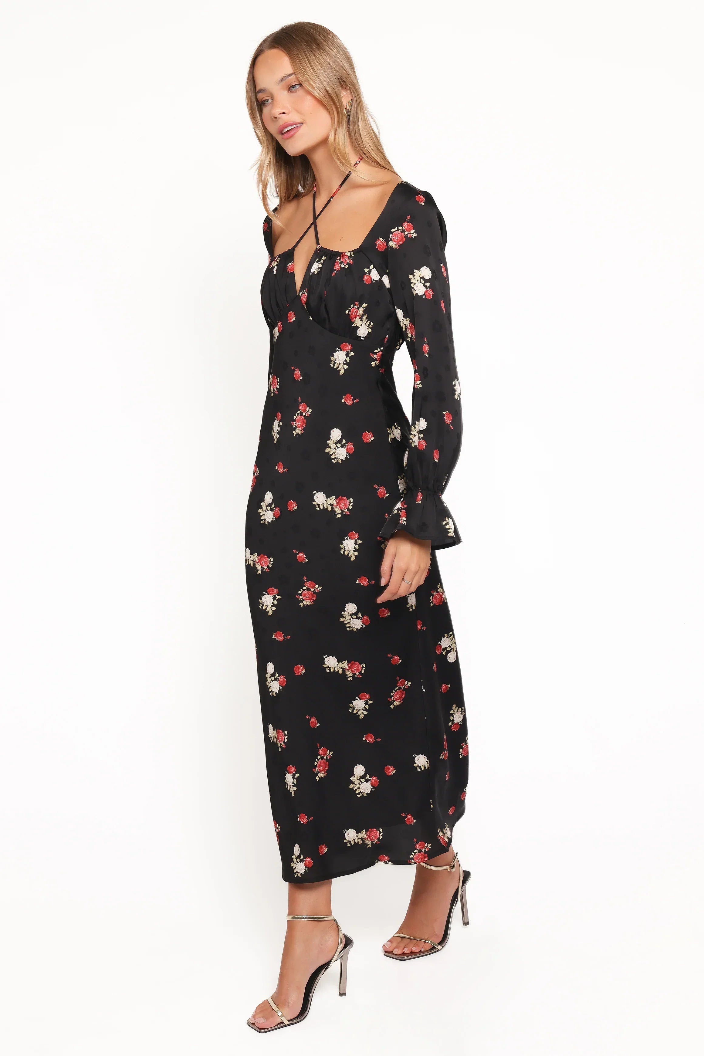 Robe longue Pauline à manches longues - Imprimé fleuri noir