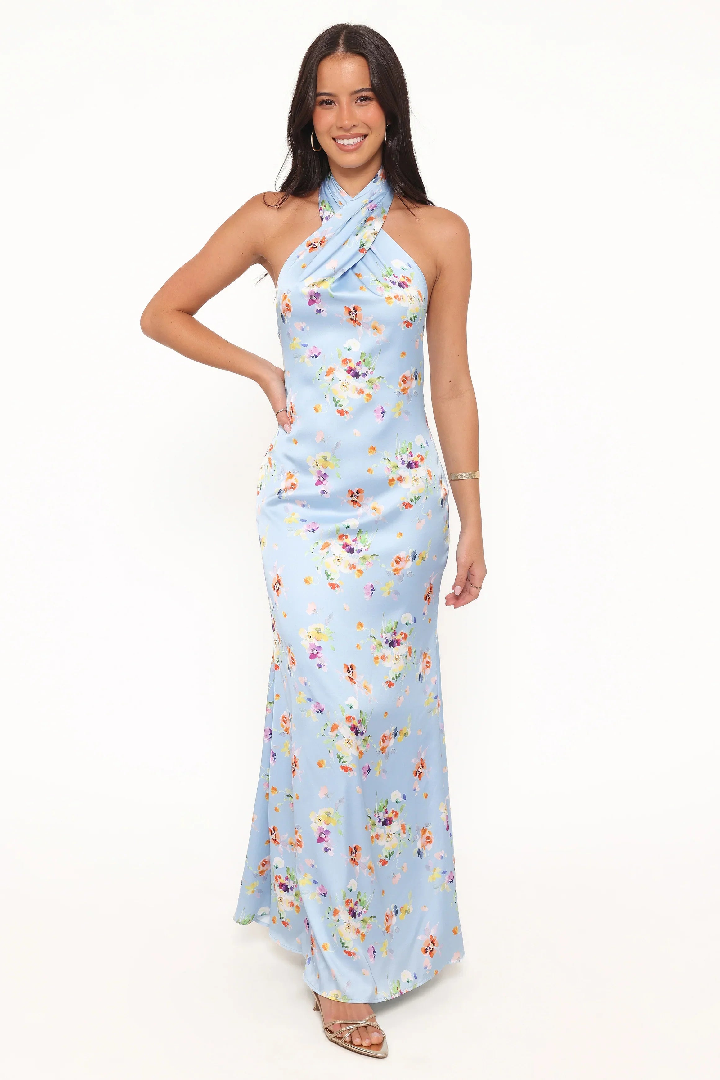 Robe longue à encolure américaine Mila - Bleu bleuet fleuri