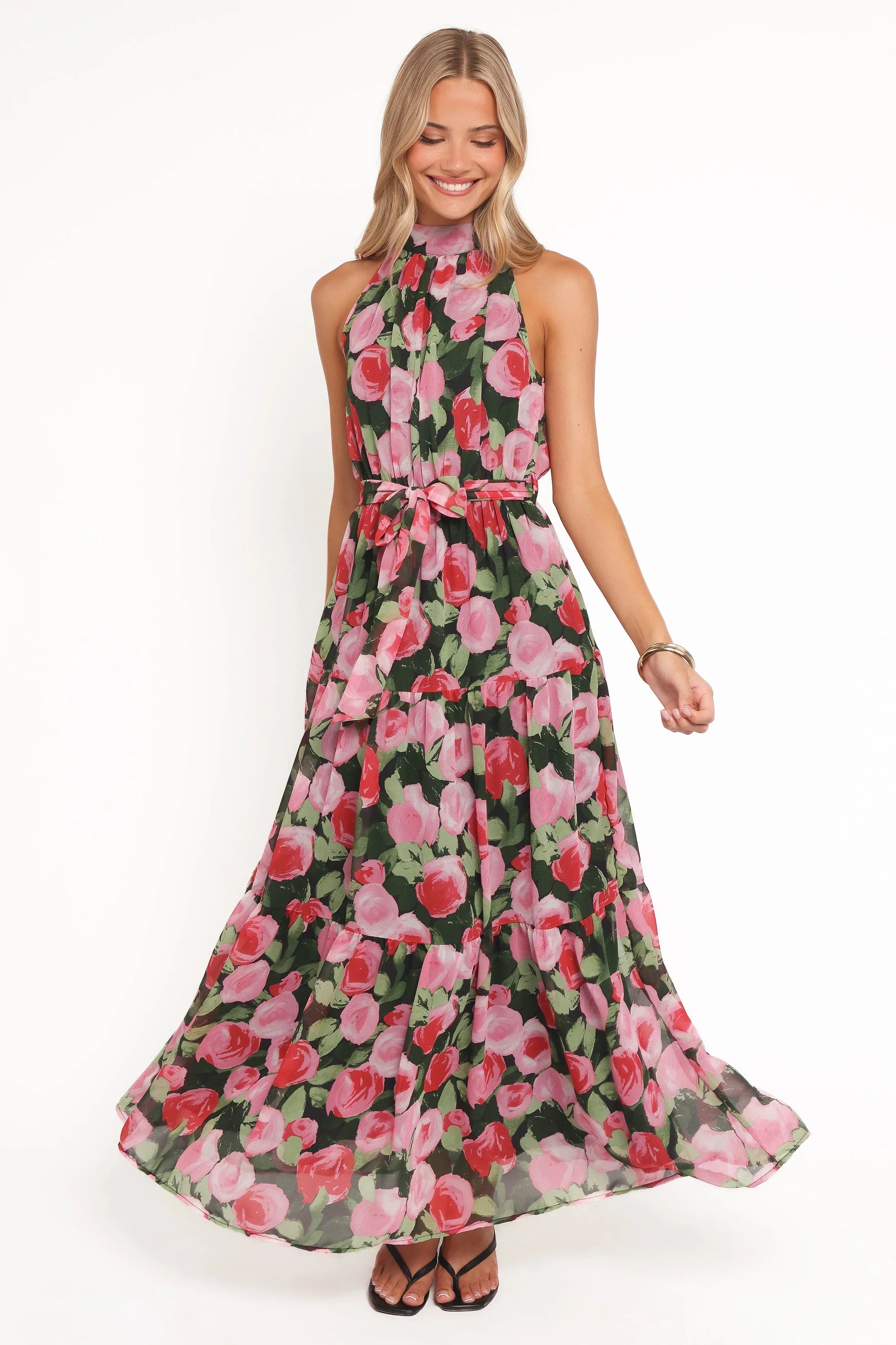 Robe longue Caroline à licou – Fleurie noire