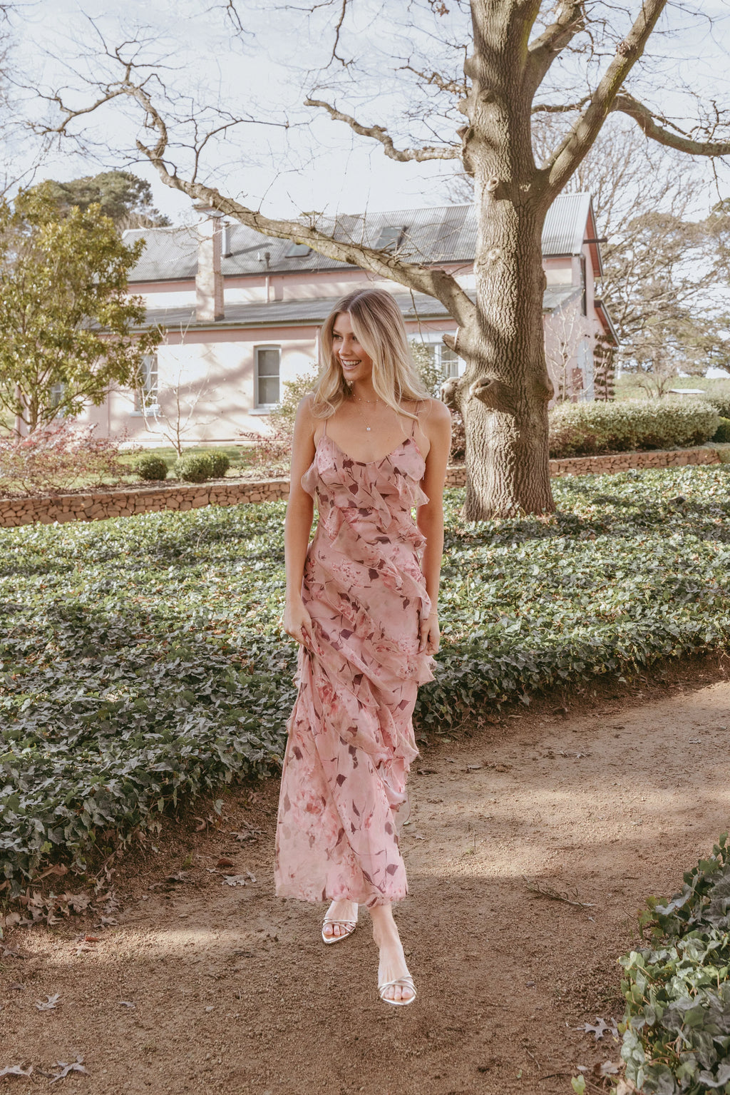 Robe longue volantée Ciao - Imprimé fleuri rose pâle