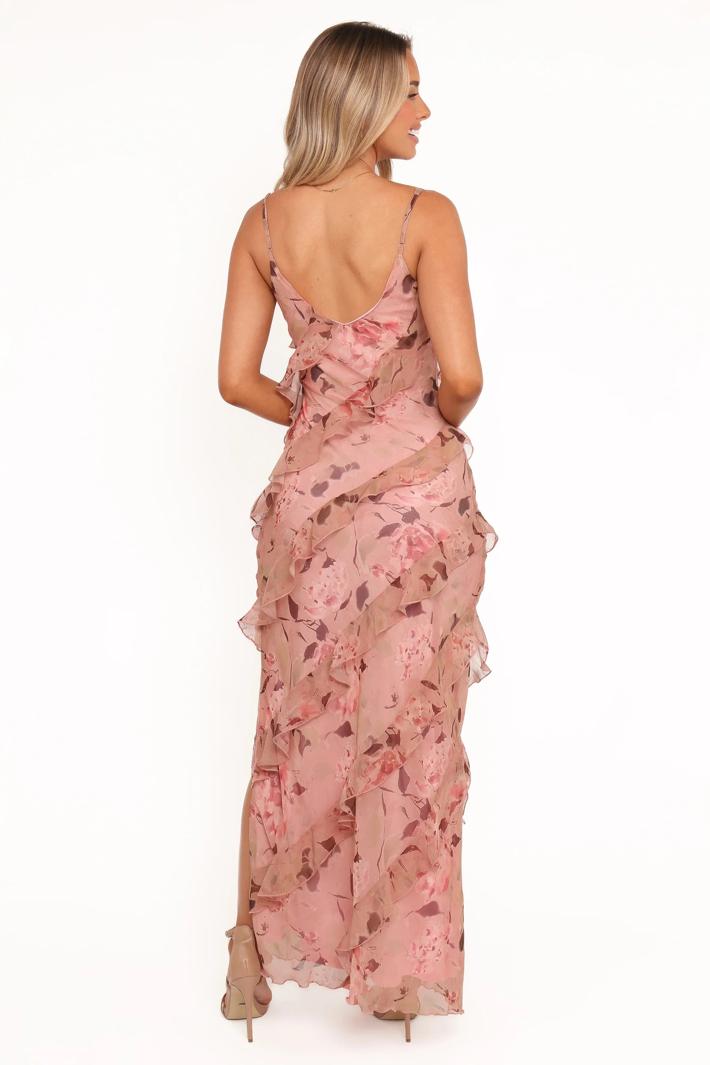Robe longue volantée Ciao - Imprimé fleuri rose pâle