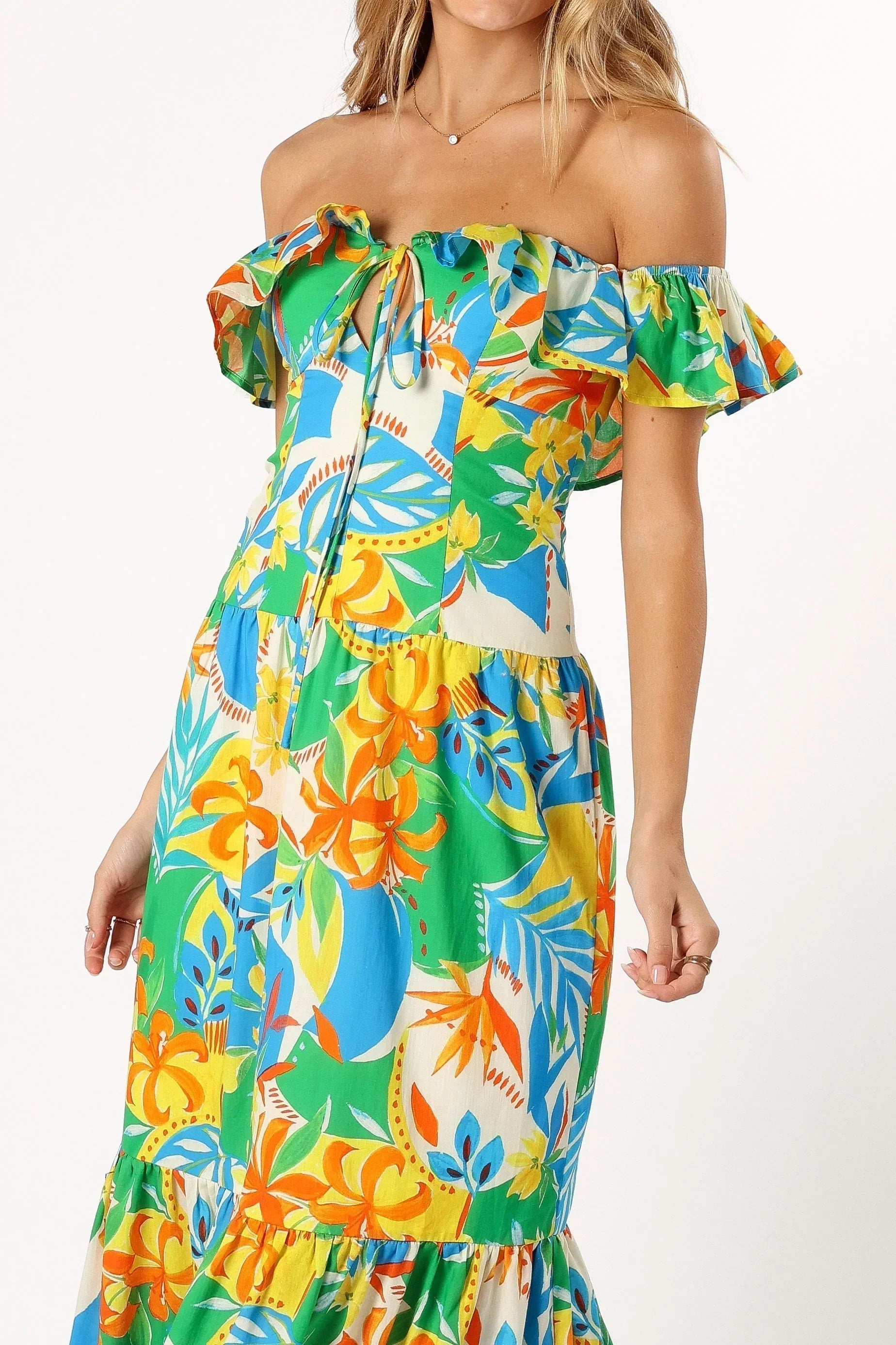 Robe longue Harriet à épaules dénudées – Imprimé Malte