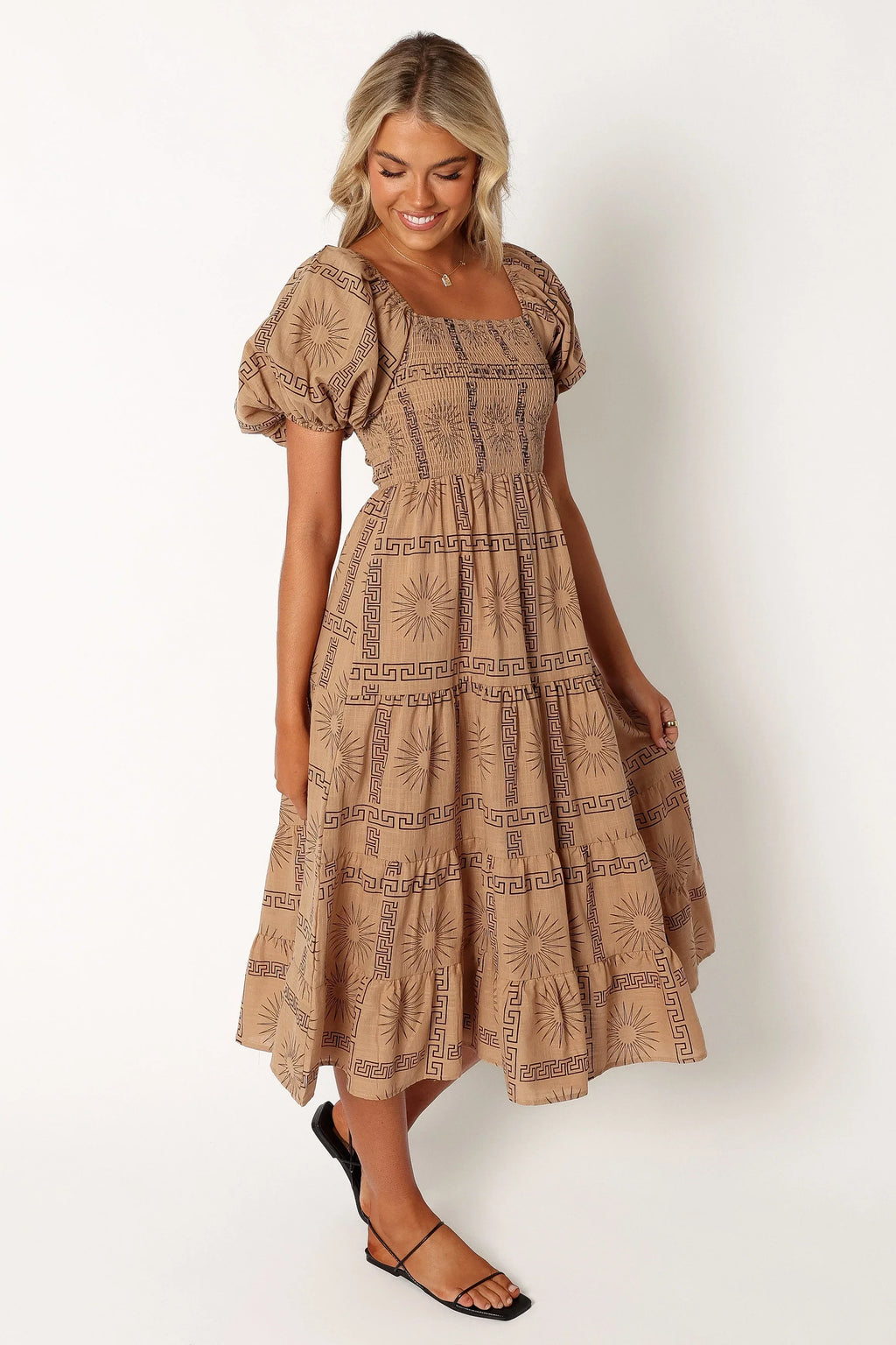 Robe midi Soliel à manches bouffantes - Noir havane