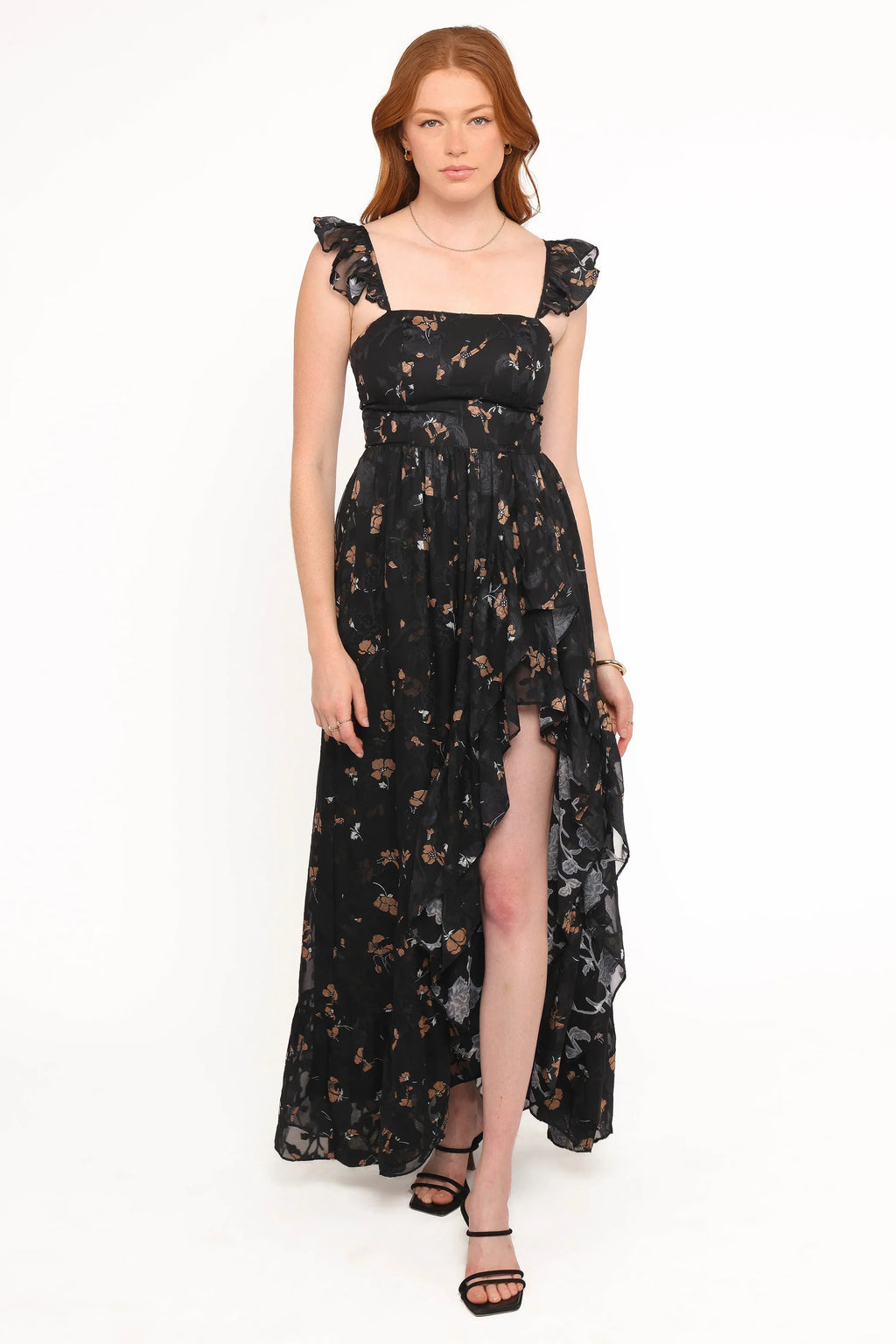 Robe longue Orielle - Imprimé floral noir/beige