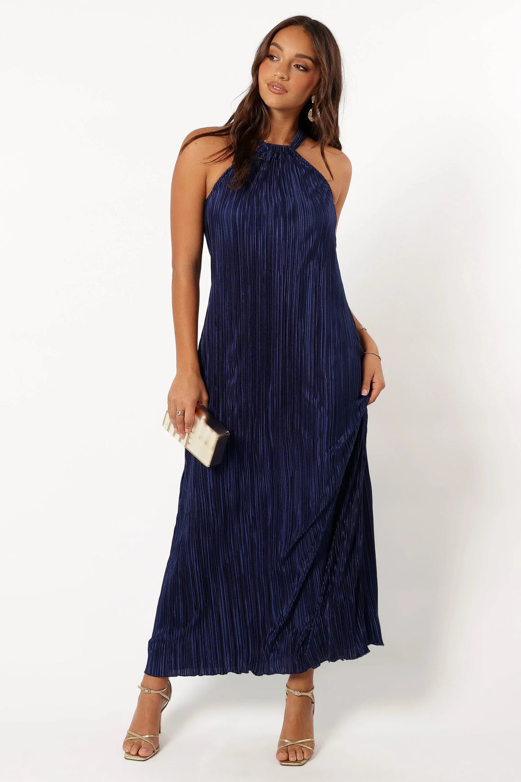 Robe longue plissée à col montant Melody - Marine