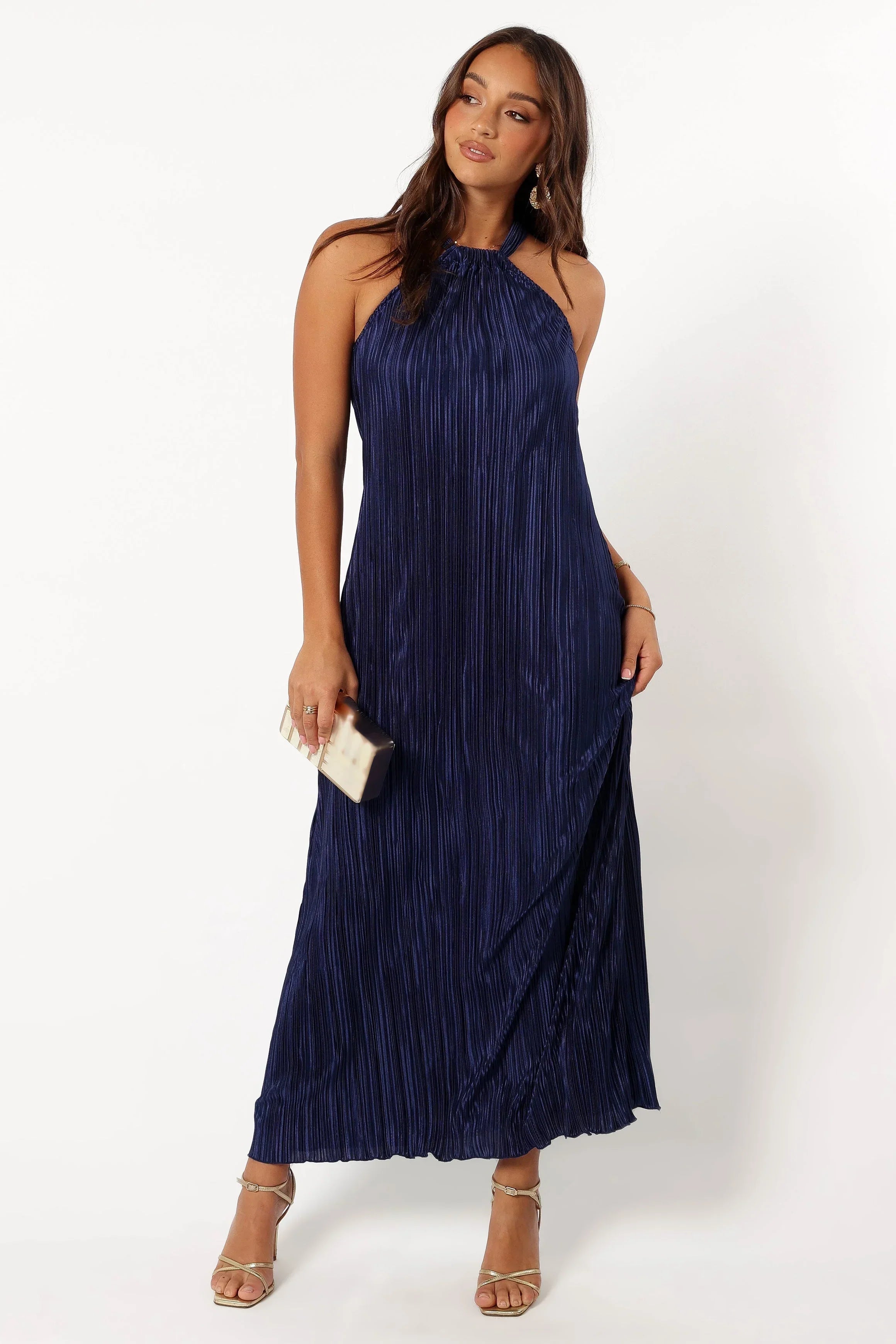 Robe longue plissée à col montant Melody - Marine